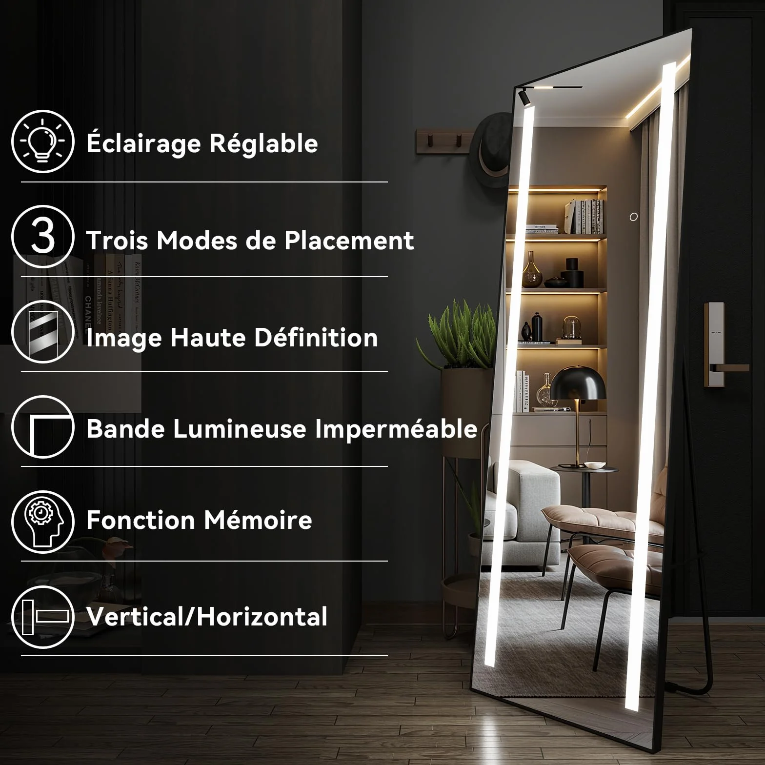 Grand Miroir sur Pied LED 150x50cm, Miroir Plein Pied Mural, 3 Couleurs Dimmable, Cadre Aluminium, Rectangulaire Noir