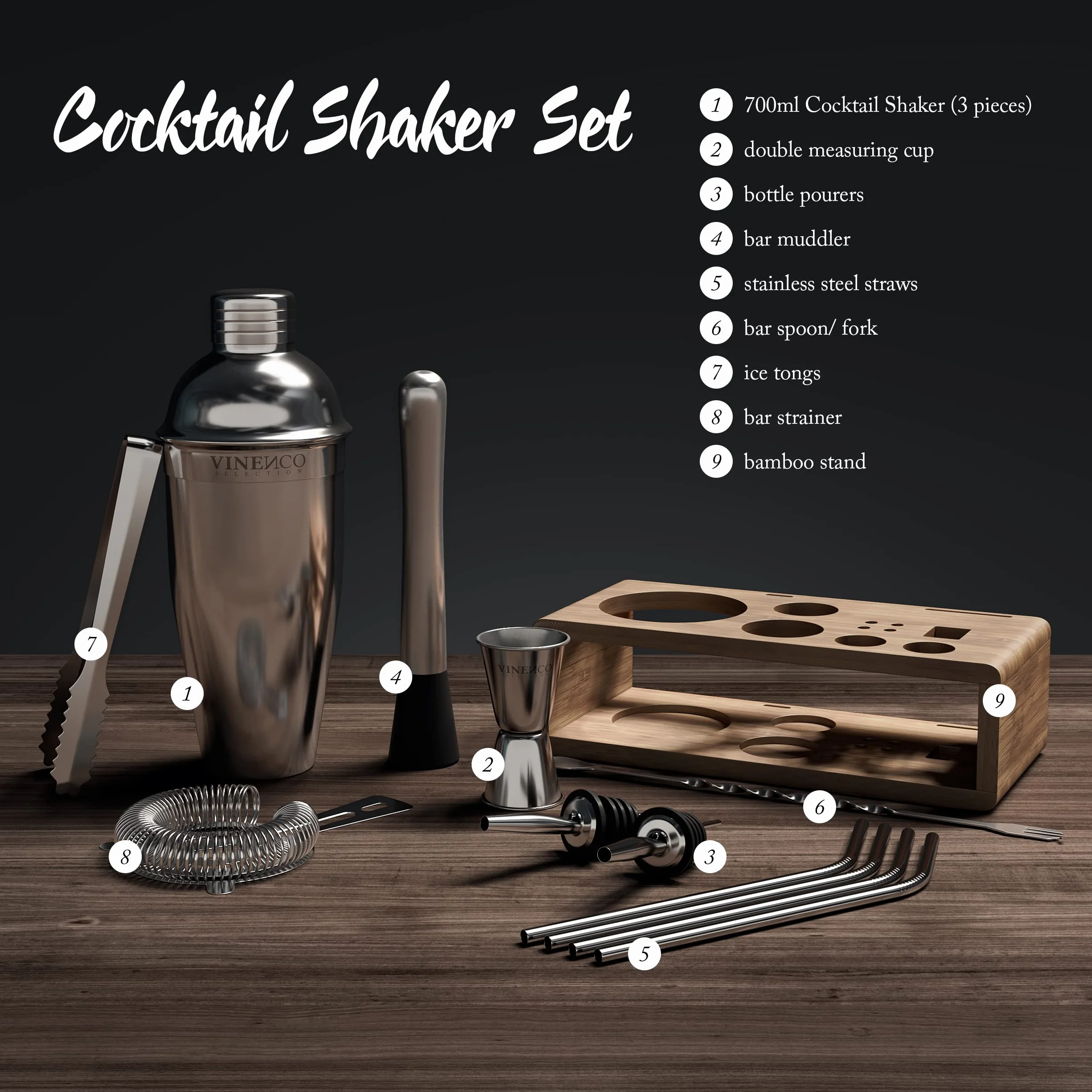 Cocktail Shaker Kit INOX Qualité Extra avec Support, Livre Cocktail, Accessoires Professionnel pour Bar - Cuillère Pilon Jigger Paille - Set Cadeau Homme Femme