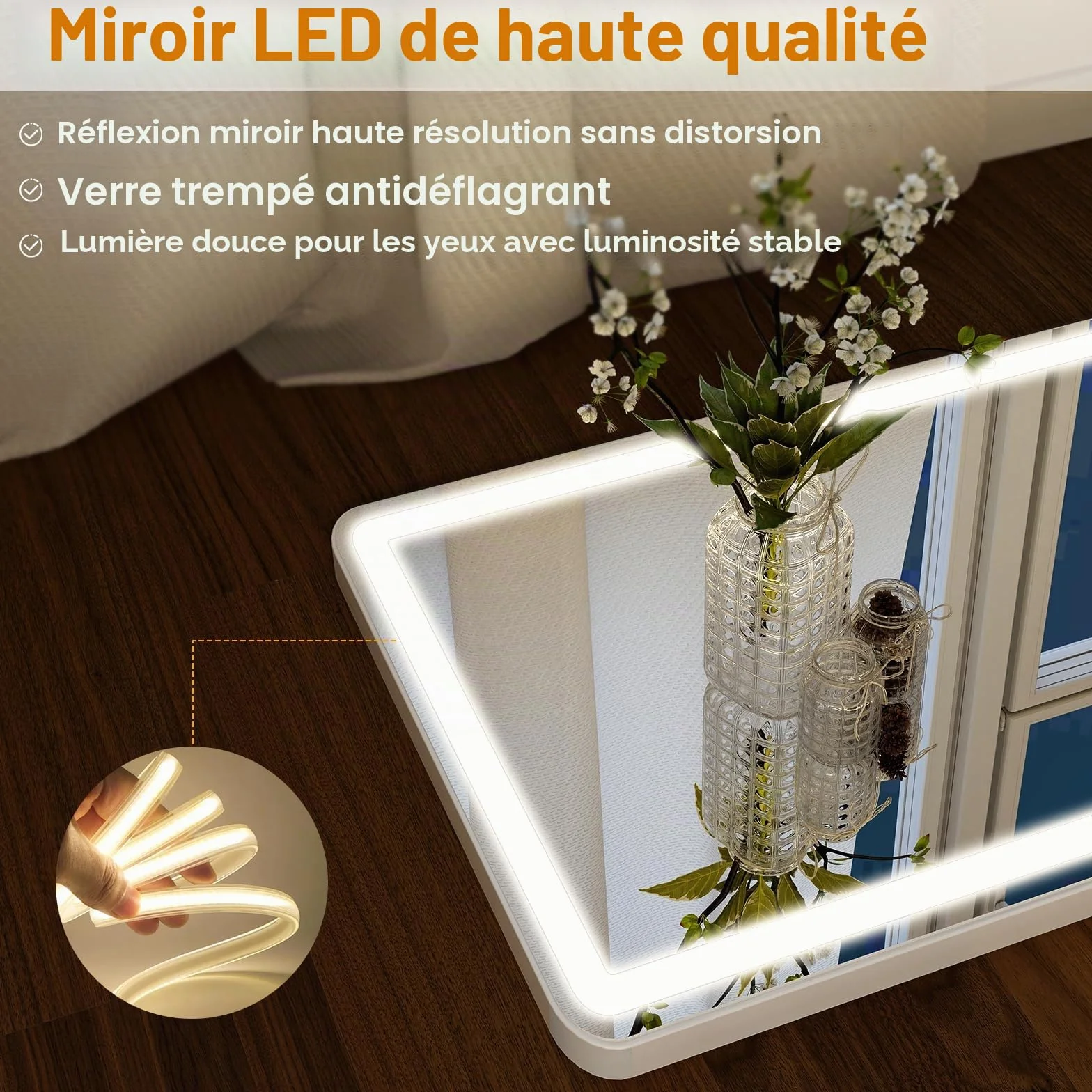 Miroir Pleine Longueur 164 x 60 cm avec éclairage LED, Verre de sécurité, Variateur d'intensité, Miroir sur Pied