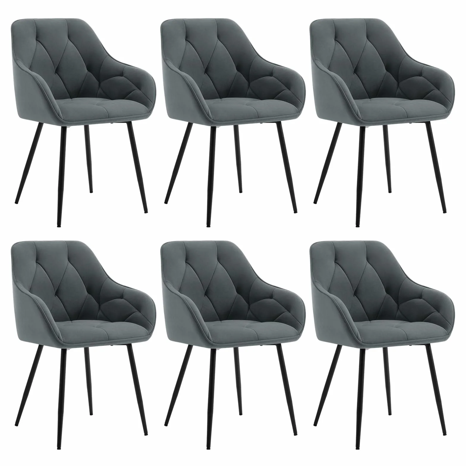 WOLTU Lot de 6 Chaises de Salle à Manger Rembourrées avec Accoudoirs, Pieds en Métal, Velours Gris Foncé