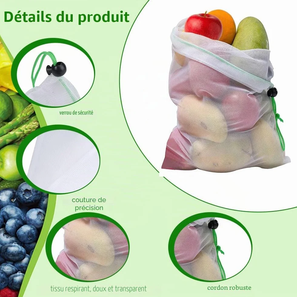 Sac de Cordon en Maille 35 x 30 cm Lavable Anti-Moisissure Nylon Réutilisable Portable pour Shopping Stockage Fruits Légumes