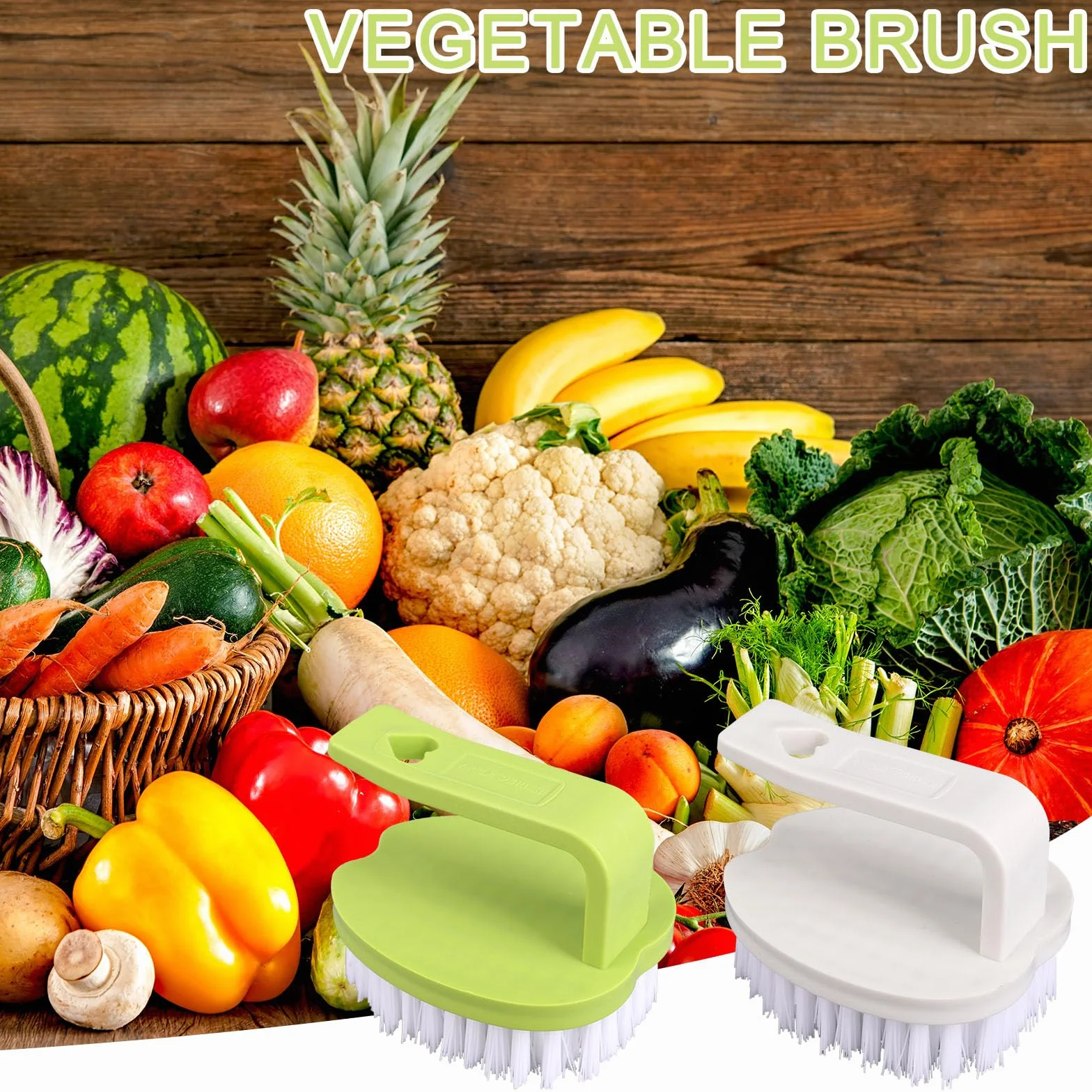 Brosse Légumes 2pcs 8x7x6,5cm PP Poils Rigides Manche Fruits Pommes Terre Carottes Blanc Vert