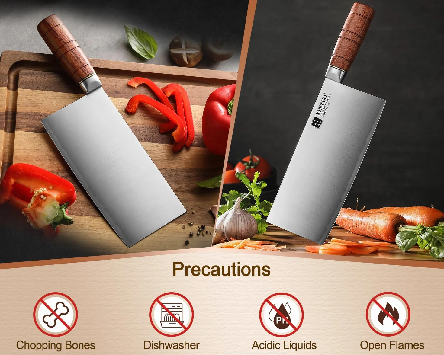 XINZUO Couperet Couteau Chef Chinois 18,8cm Acier Inoxydable Poignée Red Wood