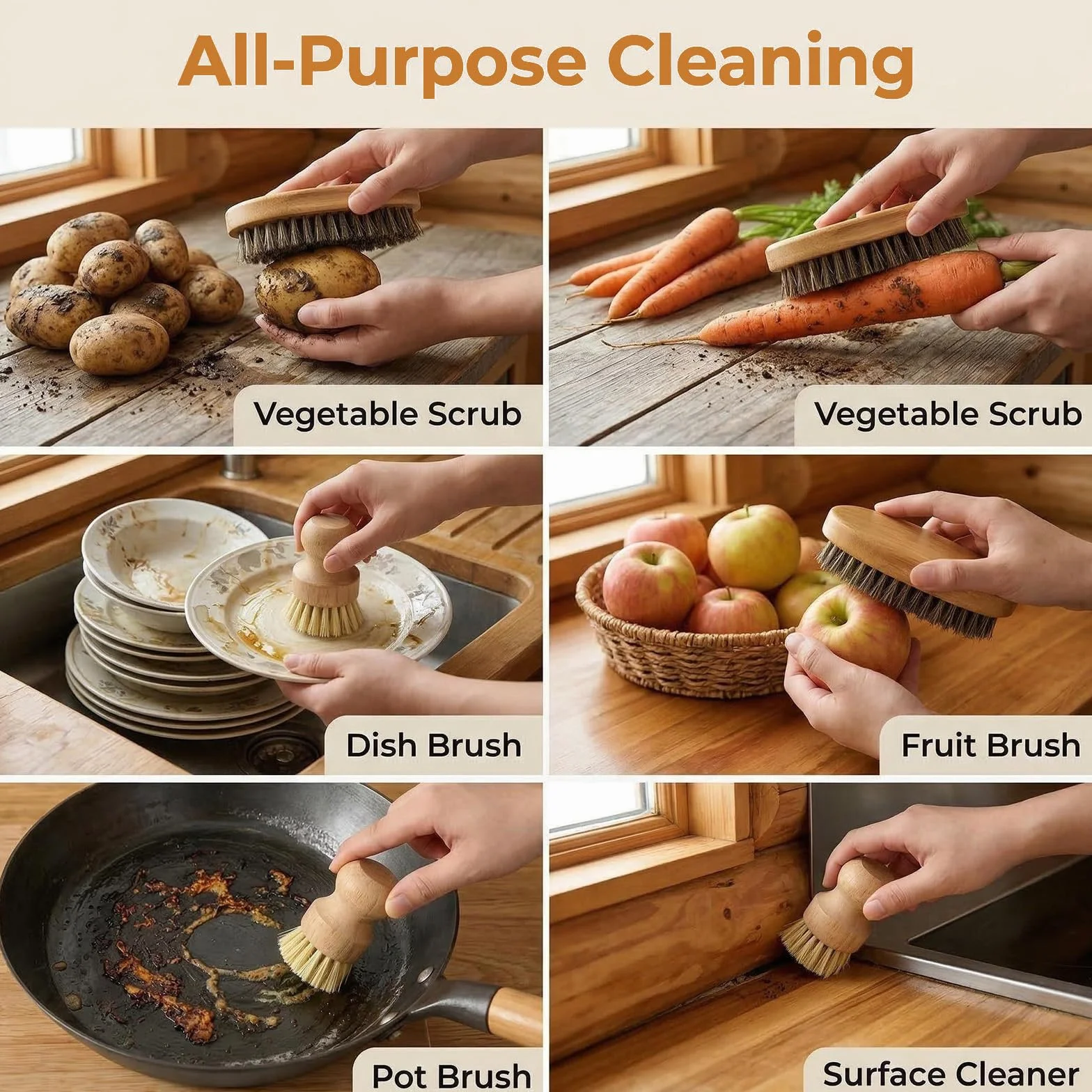Lot de 2 brosses à légumes en Bois Ergonomique pour Nettoyer Légumes