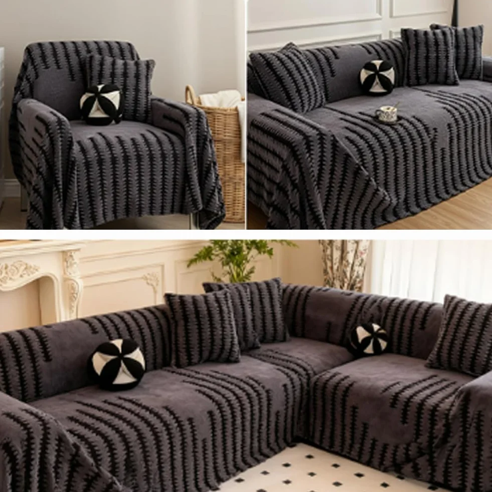 Housse de canapé en peluche antidérapante extensible protection griffe chat anti poils animaux pour canapé d'angle 3 places Gris Clair 180x200 cm
