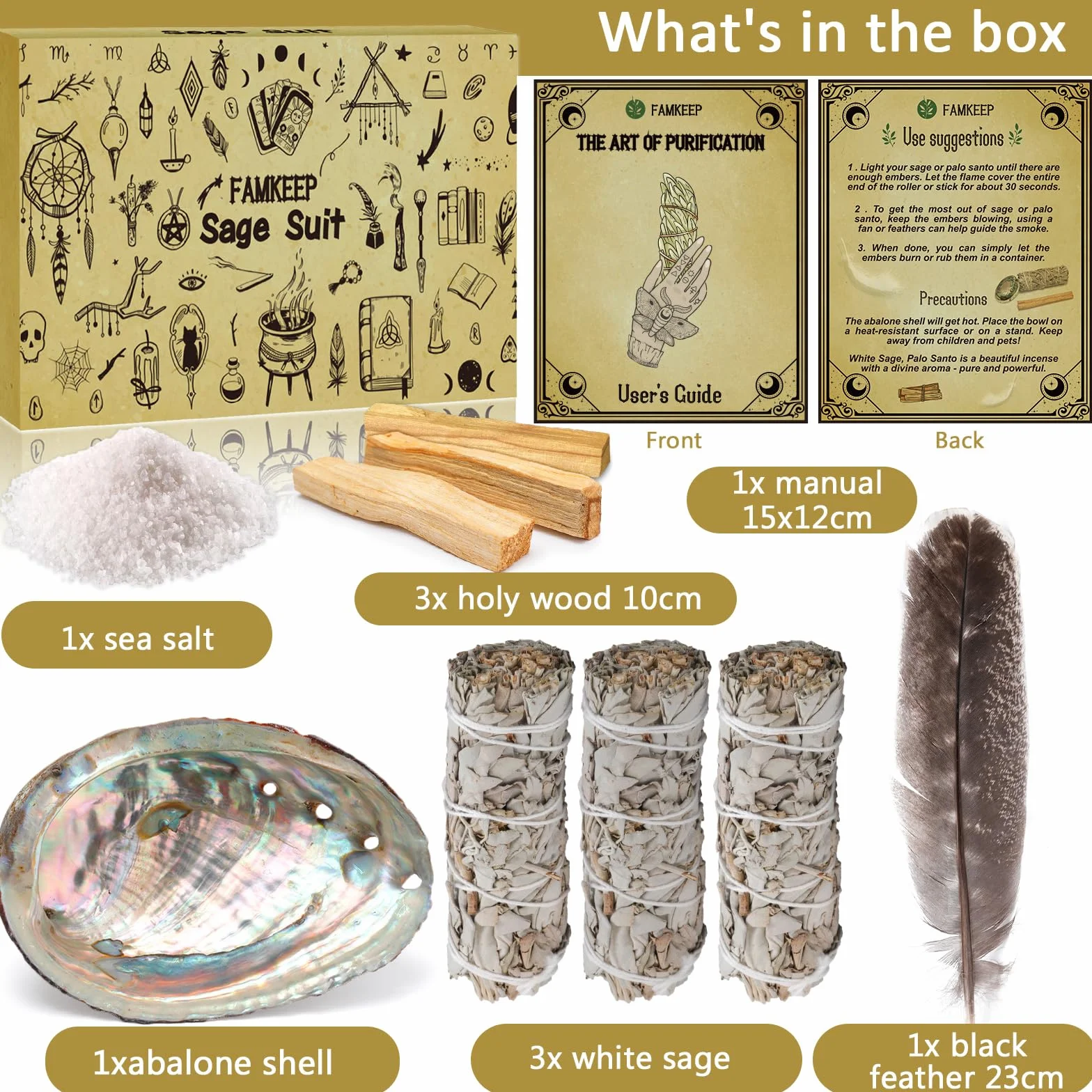 FAMKEEP White Sage Palo Santo Coquillage d'ormeau Encens Naturel Nettoyage énergétique Anti Stress méditation