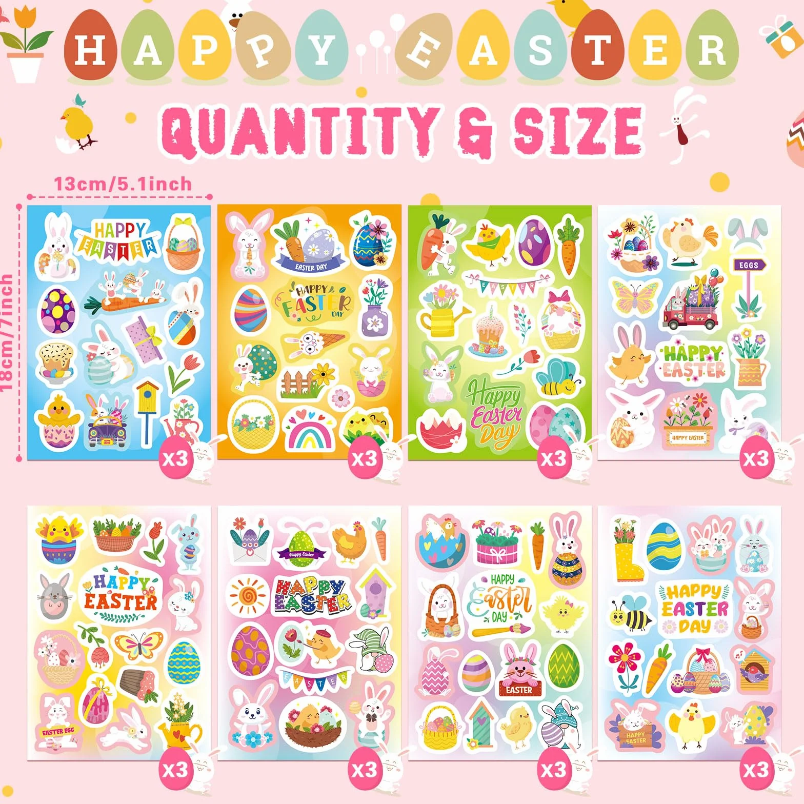 Autocollants Pâques 24 Feuilles 342Pcs Gommette Œuf Lapin Carottes Panier Cartes Enveloppes Scrapbooking Enfants Fournitures Fête