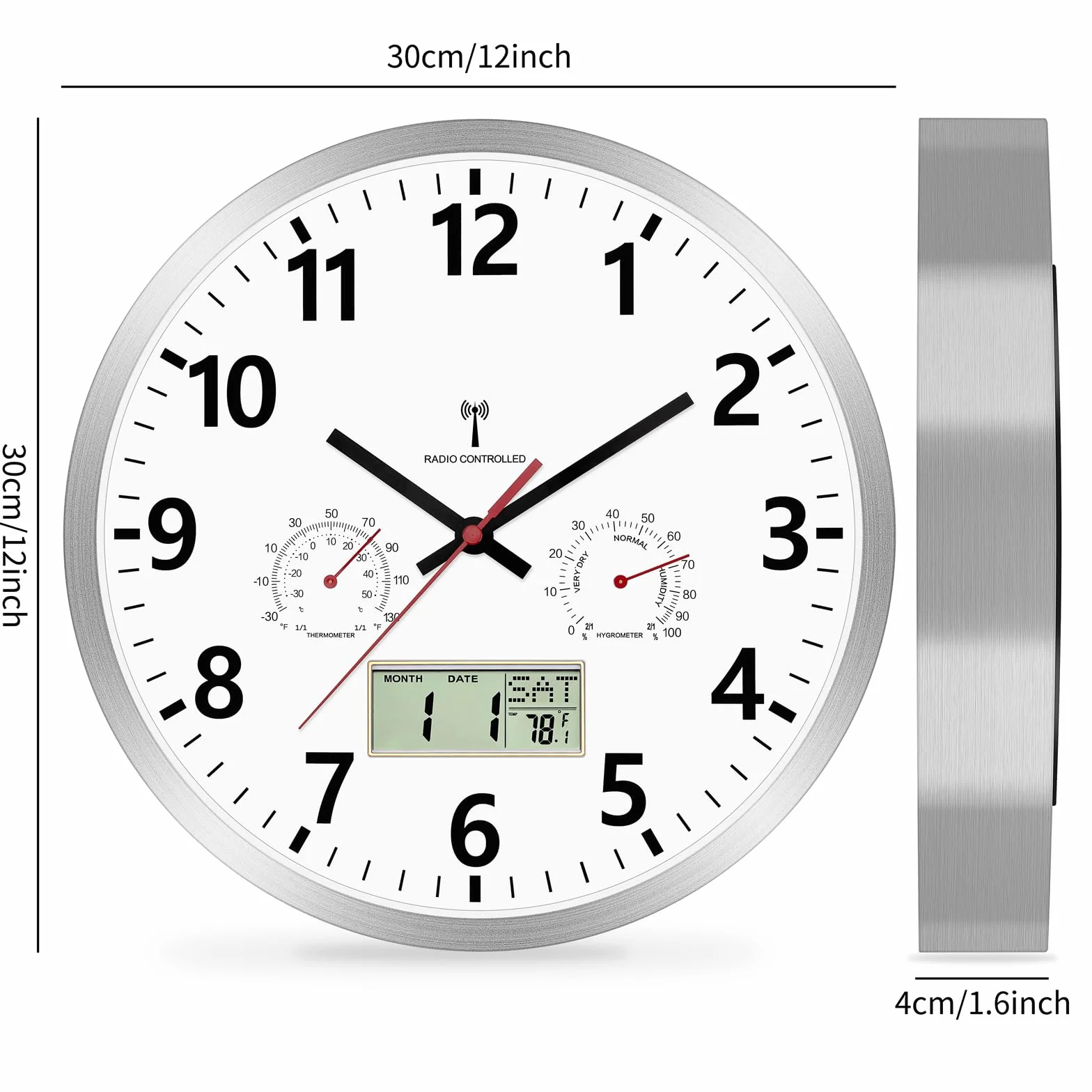 Foxtop Horloge Murale Radio-Pilotée 30 cm avec Hygromètre Thermomètre Écran LCD