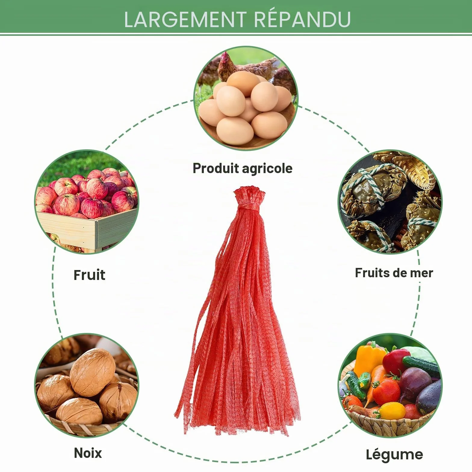Sac Filet Réutilisable pour Légumes Noix Fruits Œufs avec Boucle Rouge