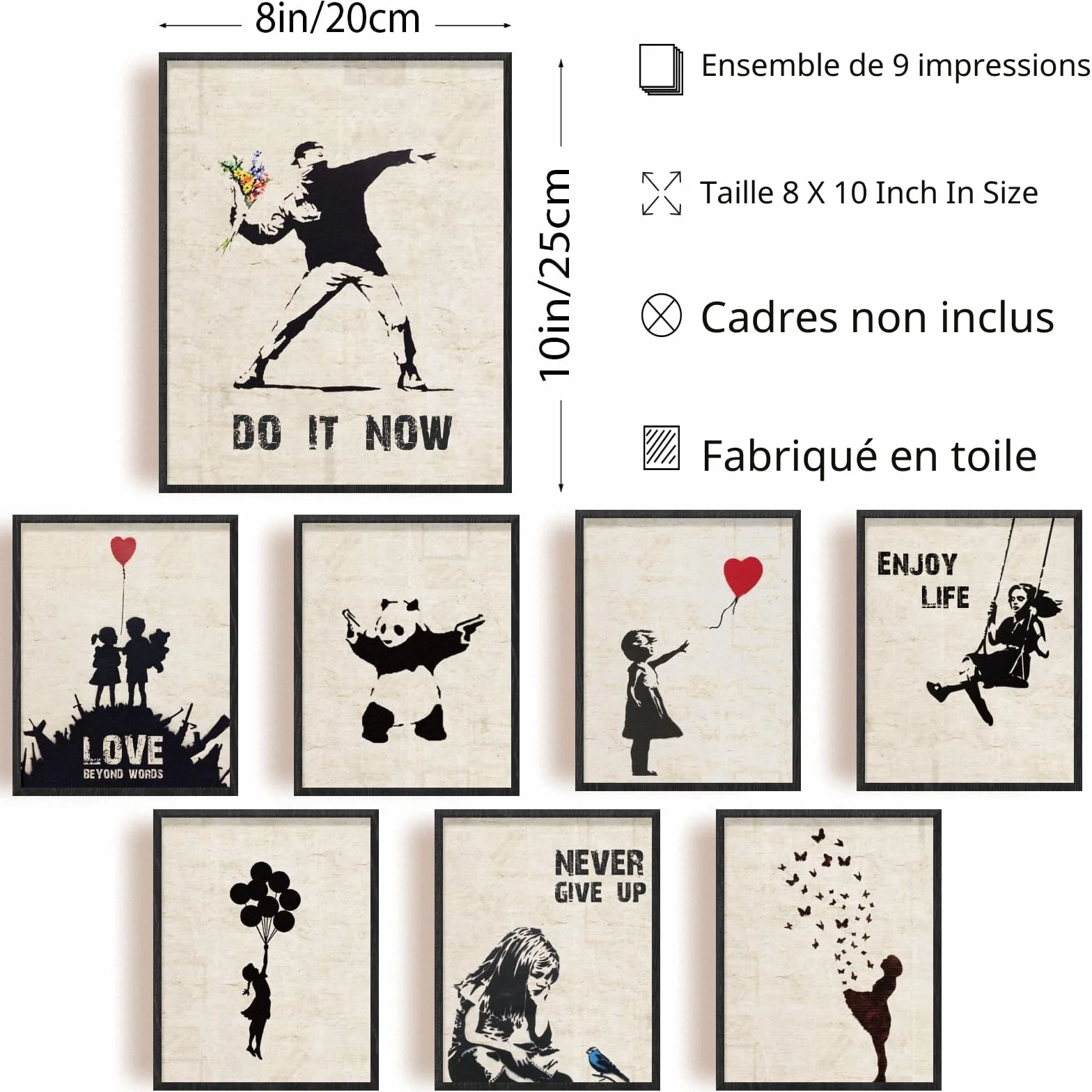 Banksy Lot de 9 Impressions sur Toile Panda Sans Cadre 20,3 x 25,4 cm