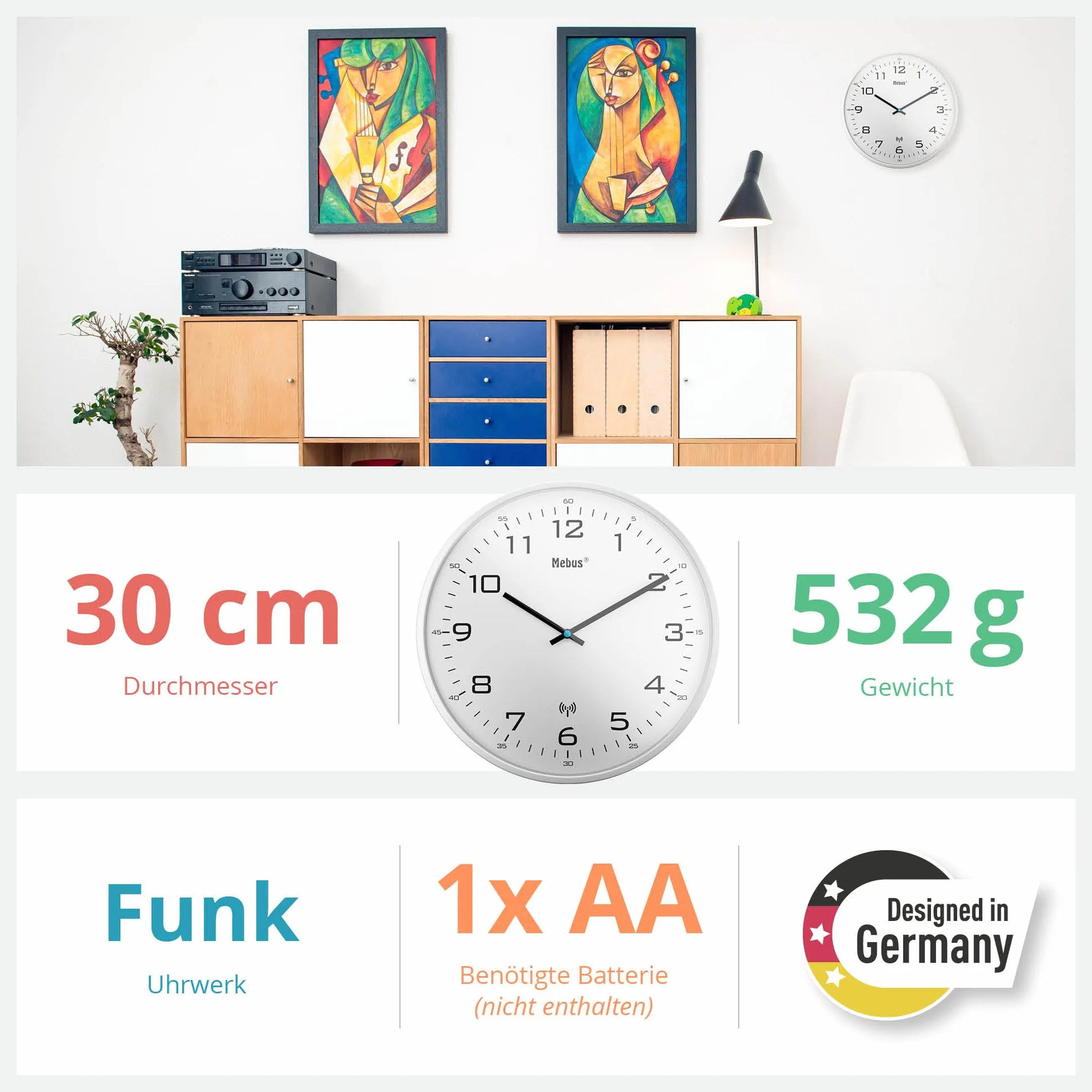 Mebus Horloge Murale Radio-pilotée Silencieuse 30 cm Cadre Blanc Cadran Blanc