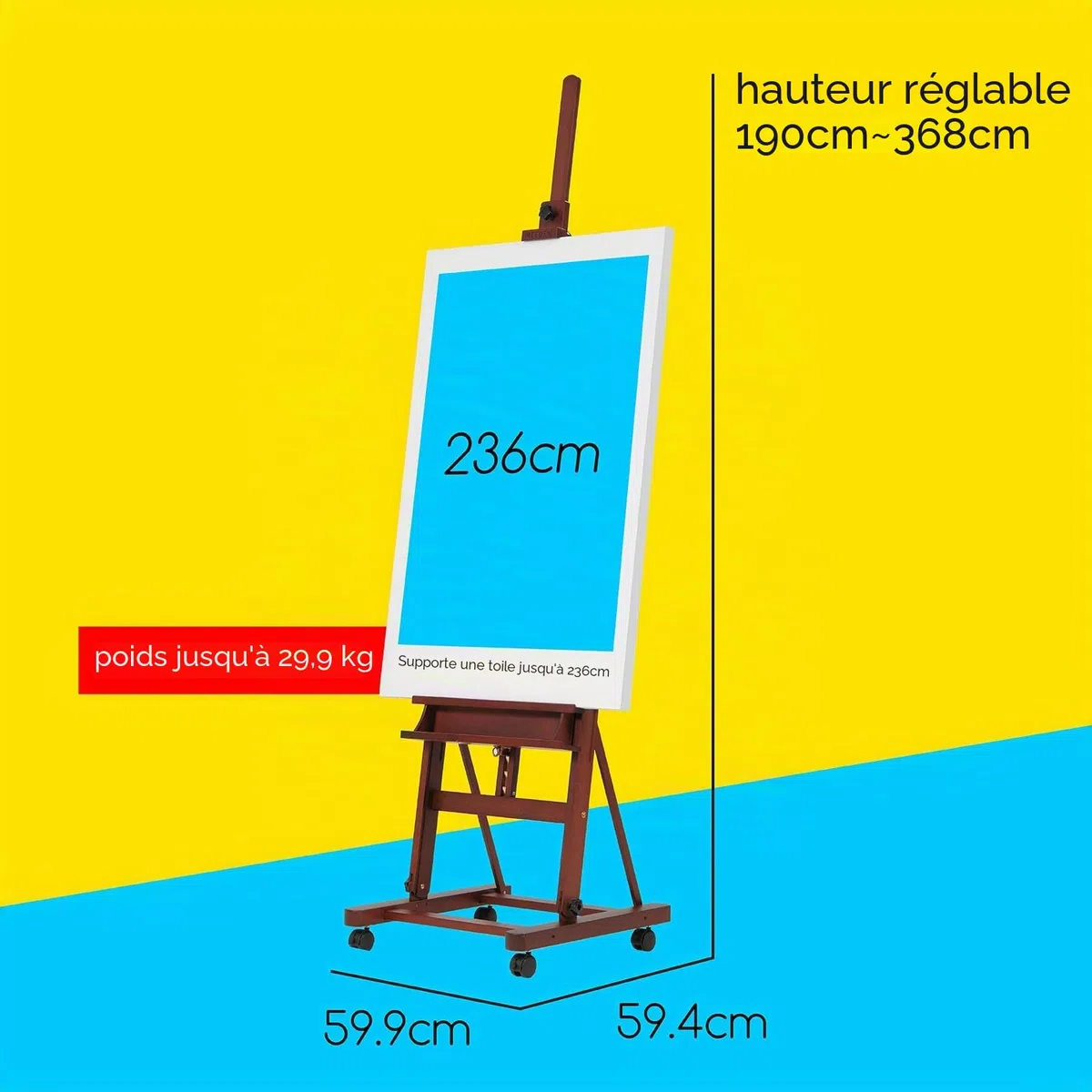 MEEDEN Grand Chevalet Bois en H: Chevalet Peinture Réglable de 190cm à 370cm avec 4 Roues Tenir la Toile jusqu'à 236cm - Stand de Dessin Pliable avec Rangement