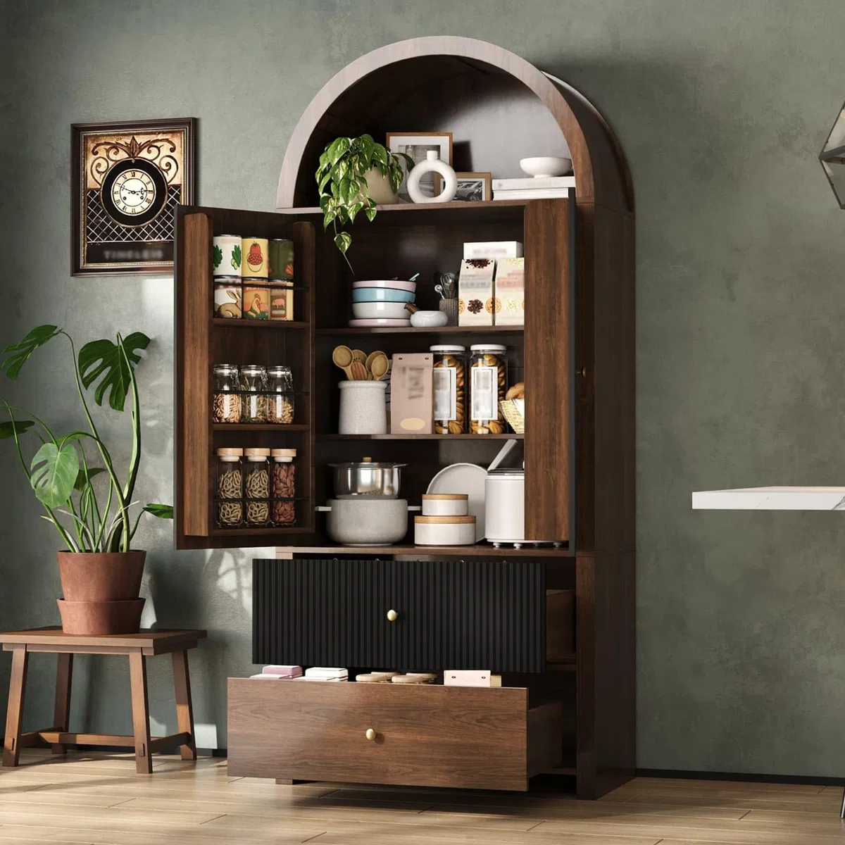 KOMHTOM Armoire de Rangement Haute, Armoire en Bois, Meuble de Rangement, Conception avec Dessus Incurvé, 3 Tiroirs, 2 Portes, pour Cuisine et Salon (Noir+Naturel)