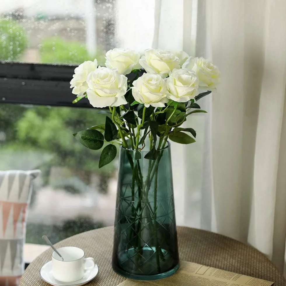 12 Pièces Fleurs Artificielles Réalistes Rose Deco Mariage 51x7 cm Tiges Réglables Blanc