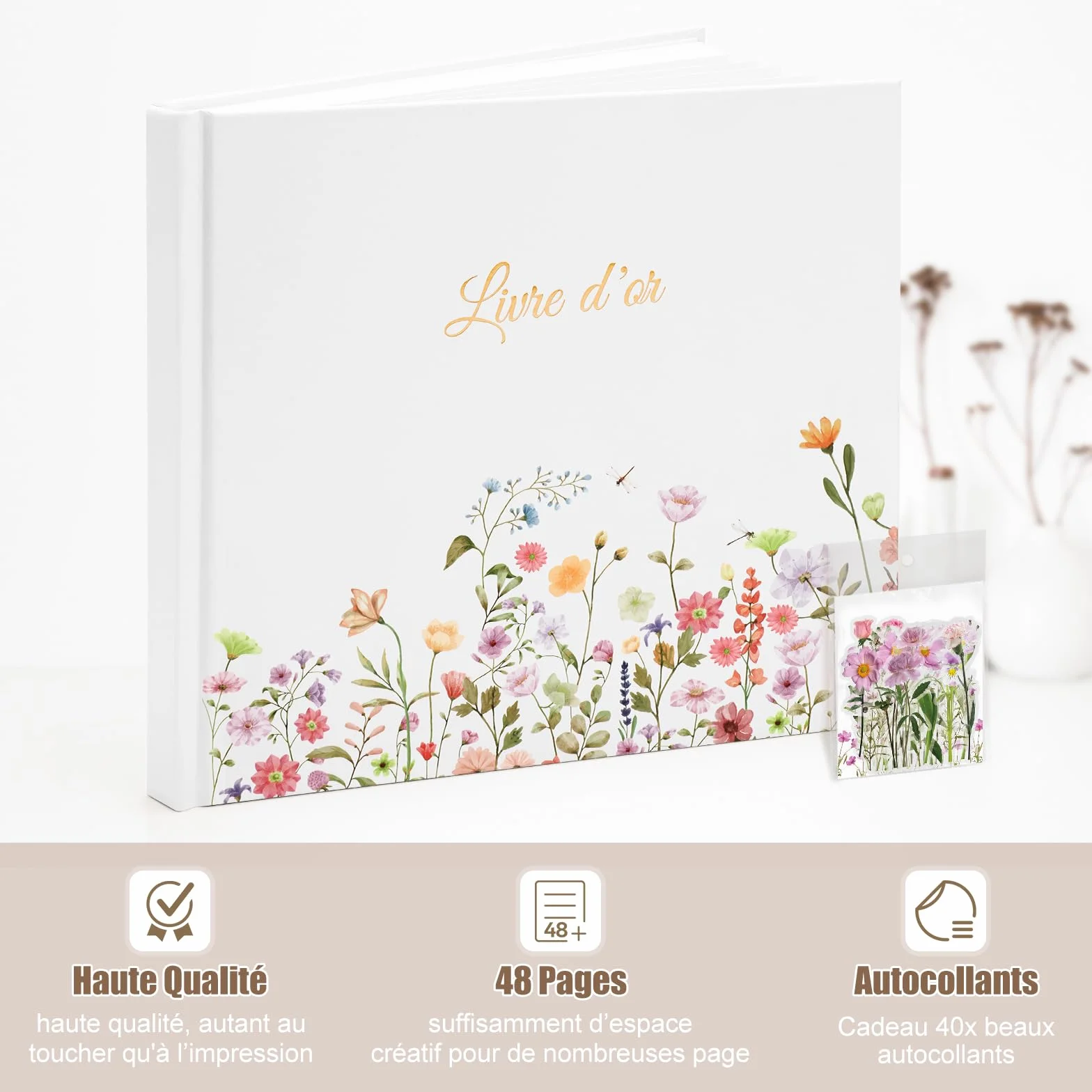 Livre d'or Mariage 40 Autocollants 46 Pages Doubles Papier épais 21x23cm Couverture Rigide Blanc