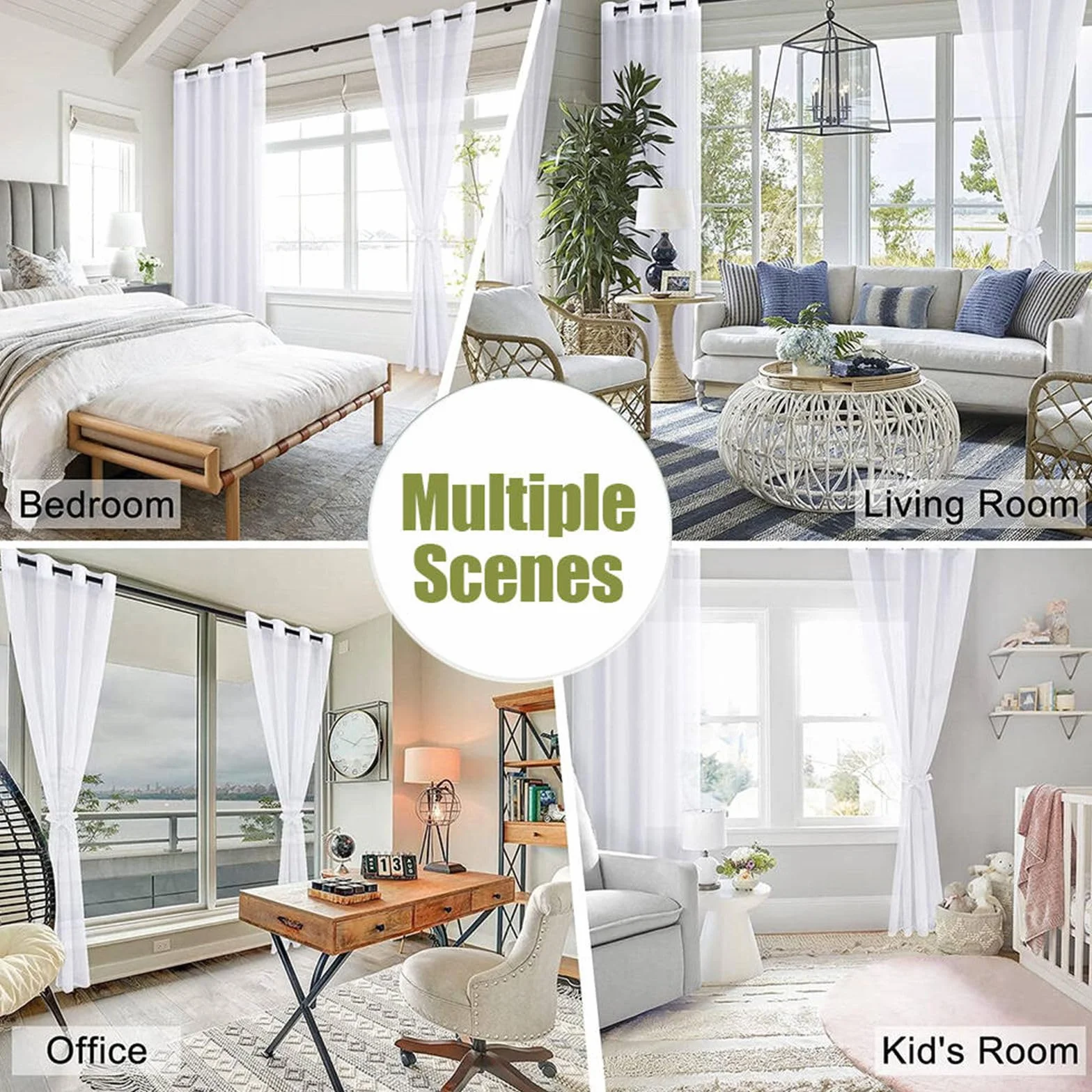 Odot Rideau Voilage Semi Occultant Passe Tringle Motif Feuille Verte 3D 2 Pieces Semi Transparent Fenetre Decoration Salon Chambre