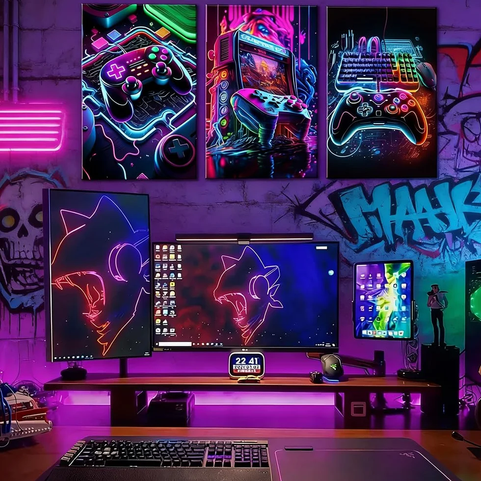 3 Estampes D'art Mural Affiche Manette de Jeu Vidéo Néon Poster Gaming 30x40 cm Sans Cadre