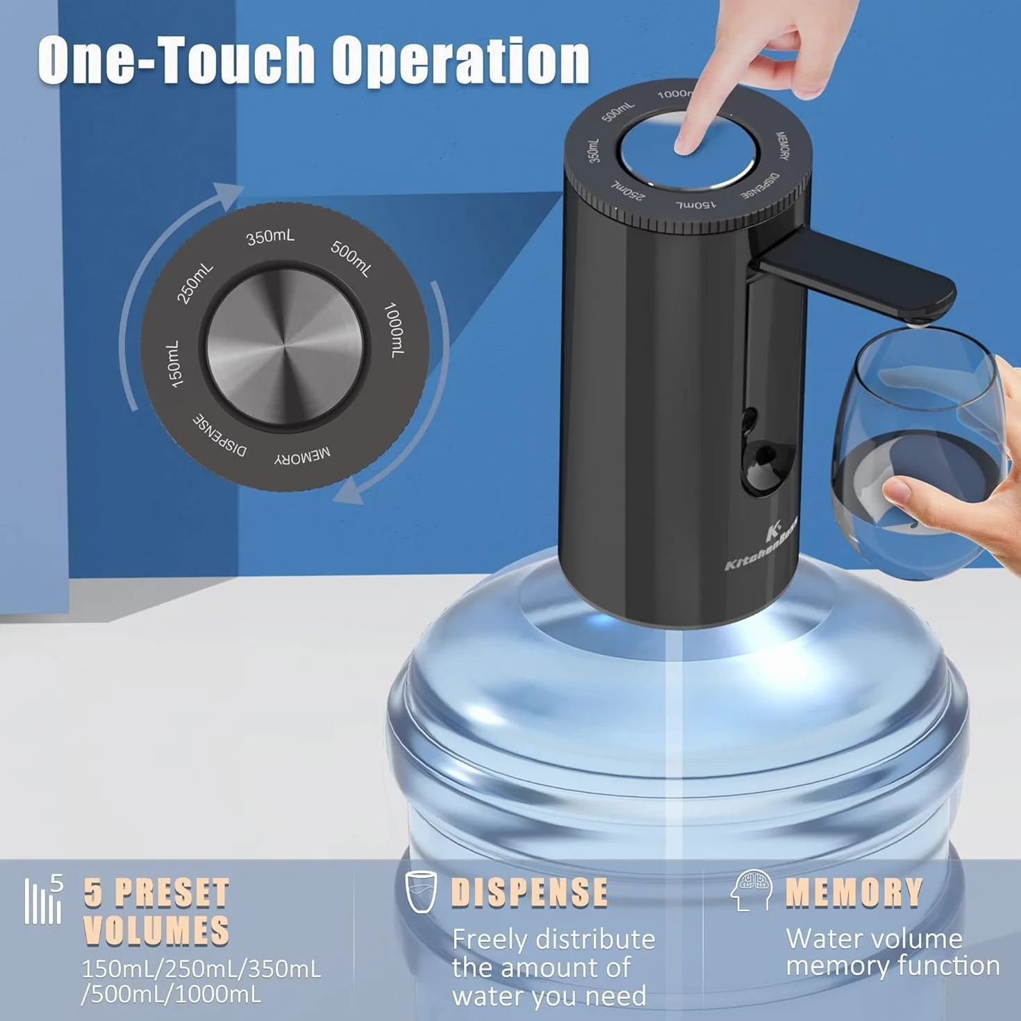 KitchenBoss Pompe Distributeur d'Eau Électrique USB Type-C pour Bouteilles 3.8-18.9 L Noir