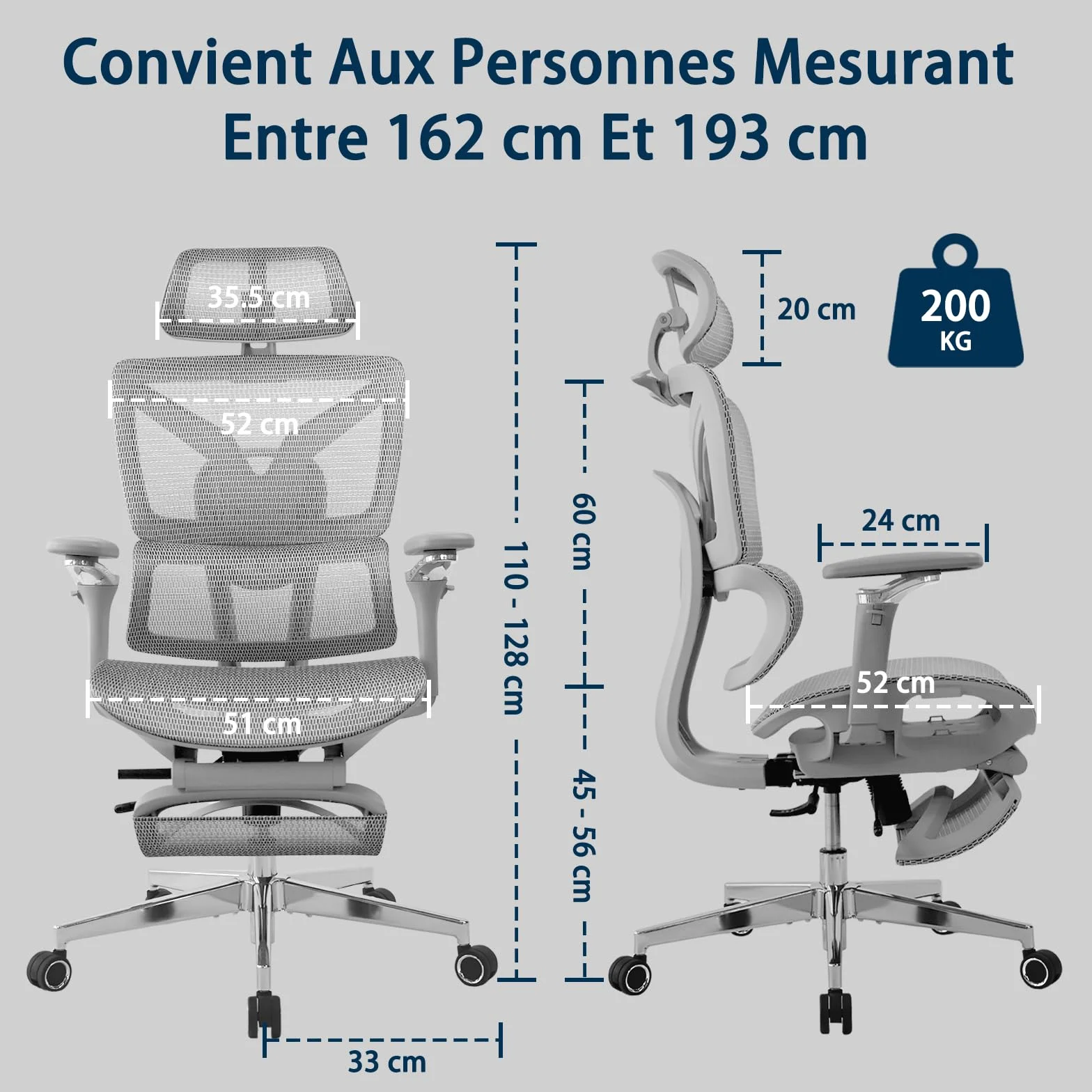 Chaise de Bureau Ergonomique Grand et Haut avec Repose-Pieds, Accoudoirs Réglables 5D, Support Lombaire, Dossier Maille Inclinable, Gris
