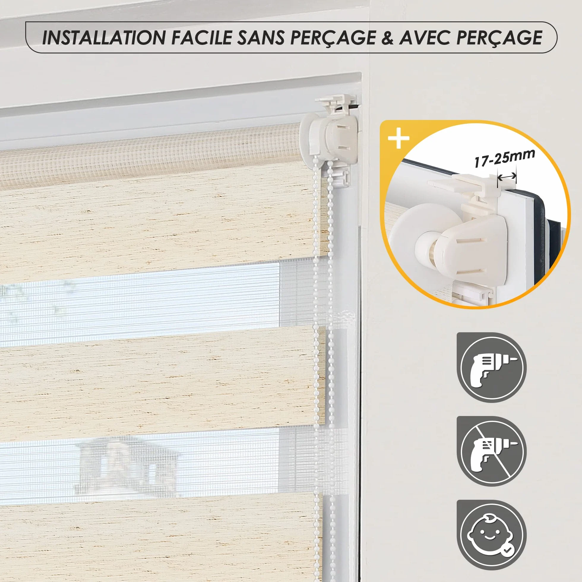 Enrouleur Jour Nuit sans perçage Double Tissu Protection Privée Fenêtre Porte Lin 35x140 cm