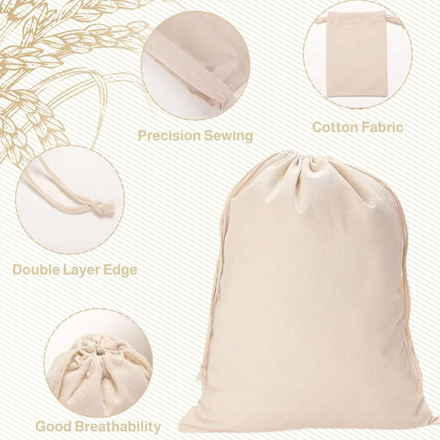 Lot de 4 sacs à pain en lin 30 x 40 cm avec cordon de serrage réutilisables