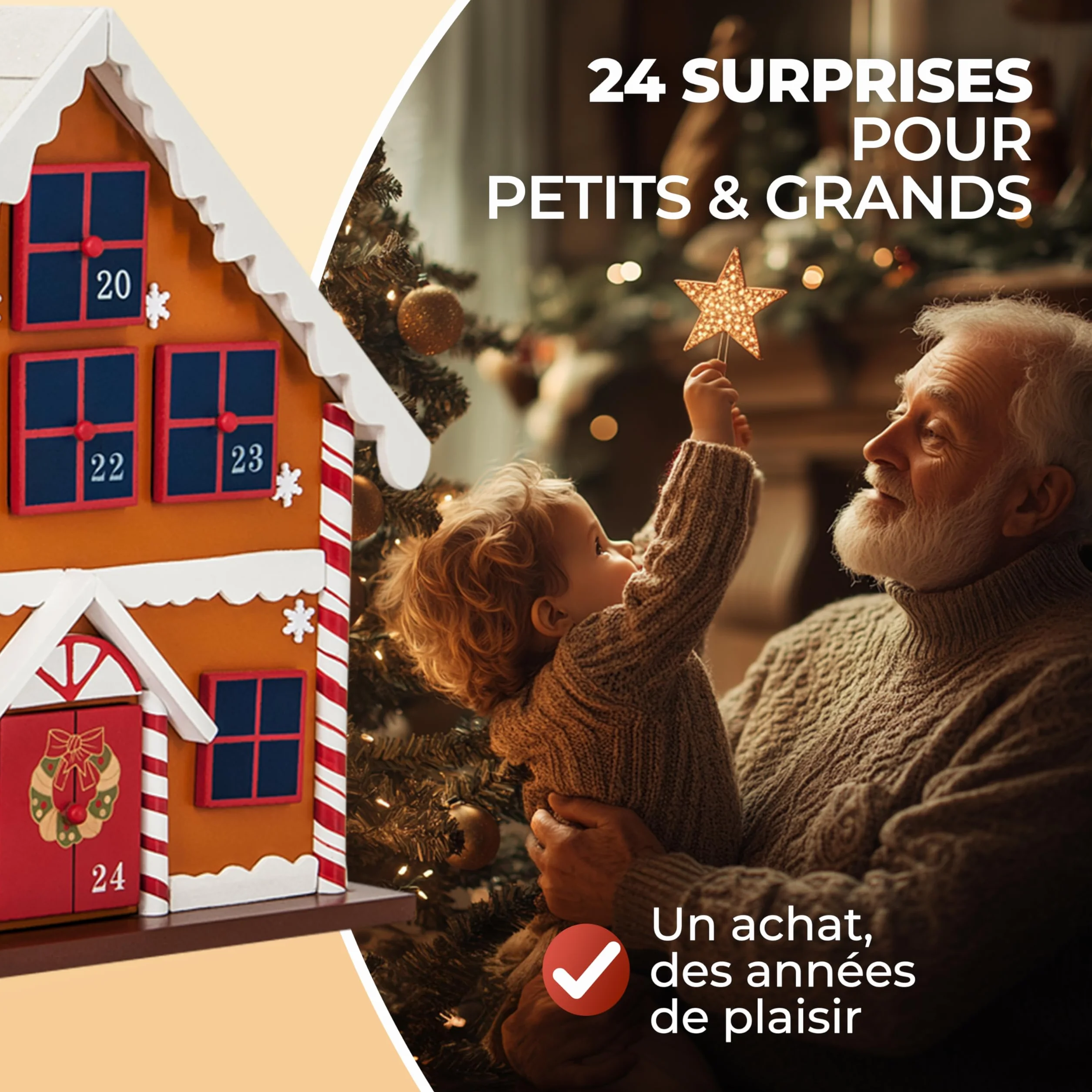 Spielwerk Calendrier de l'Avent en Bois Réutilisable 24 Tiroirs Maison en Pain d'épices
