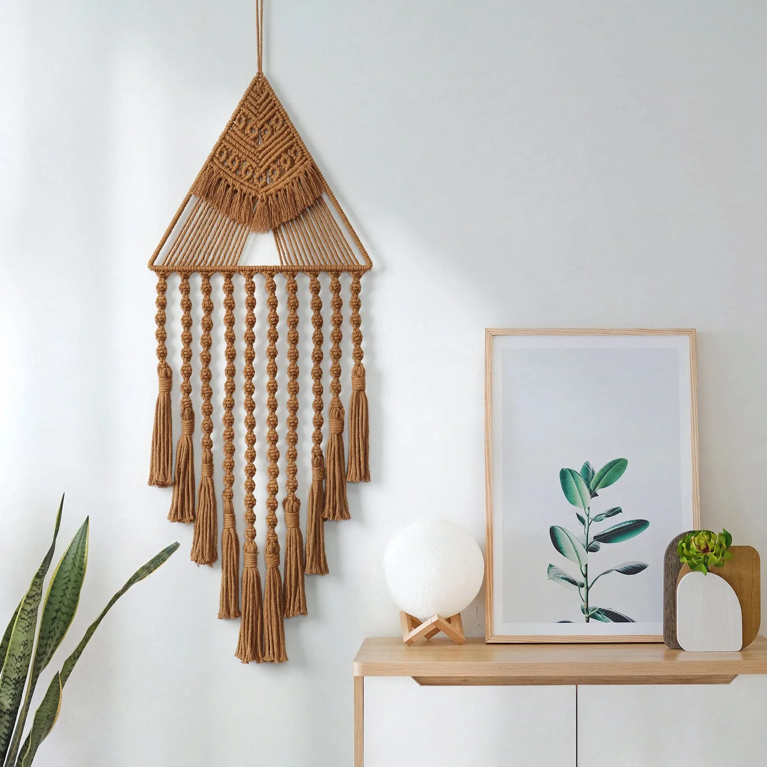 Boho Macramé Tenture Murale Géométrique Art Mural Tissé Attrape-rêves Tapisserie Murale Coton Fait à la Main Marron