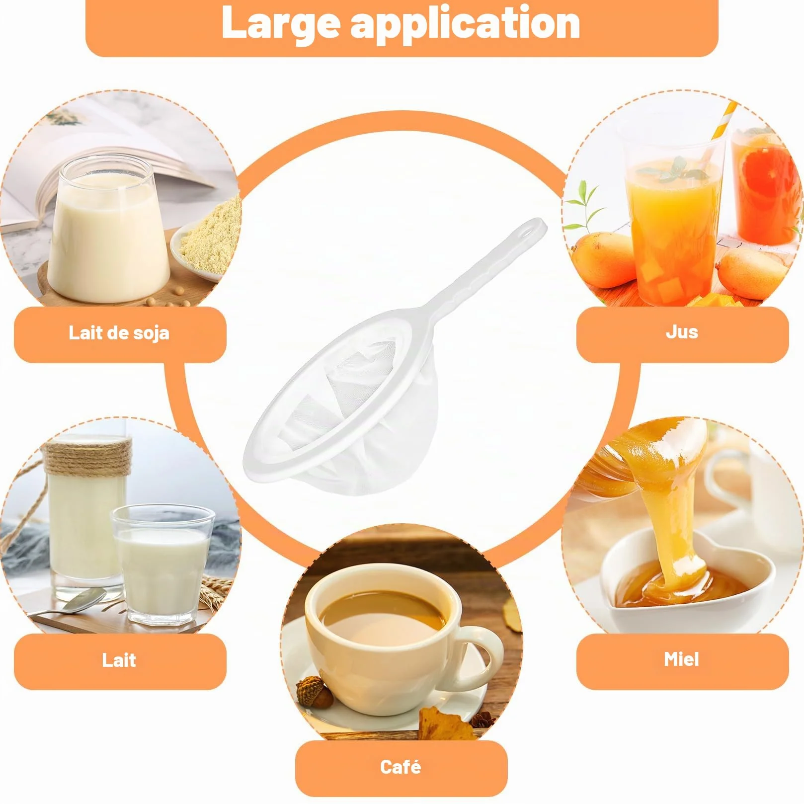 Filtre à Tamis Fin avec Poignée, Alimentaire Filtres en Nylon, 100/200/300/400 Mailles Tamis Cuisine pour Filtrage Jus Lait Café