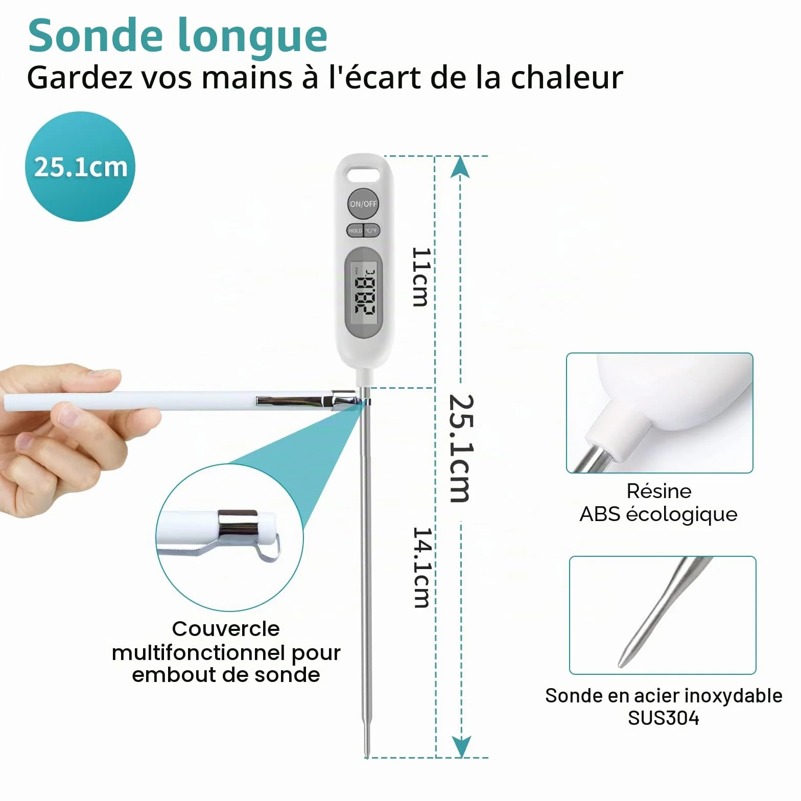 HORJOR Thermomètre de Cuisson Digital 141mm Sonde pour Barbecue Viande Patisserie