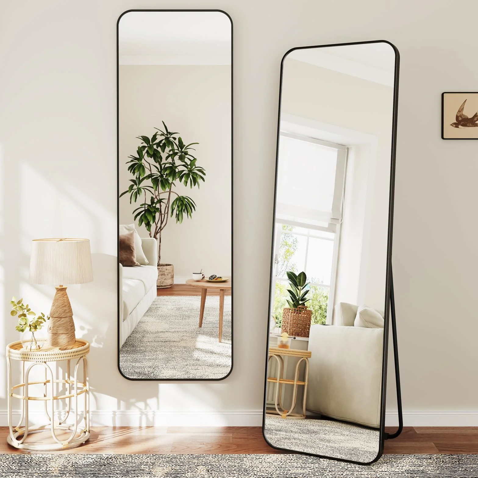 Dripex Grand Miroir 150x40cm Coins Arrondis Miroir Pied Suspendu Cadre Alliage Aluminium Noir