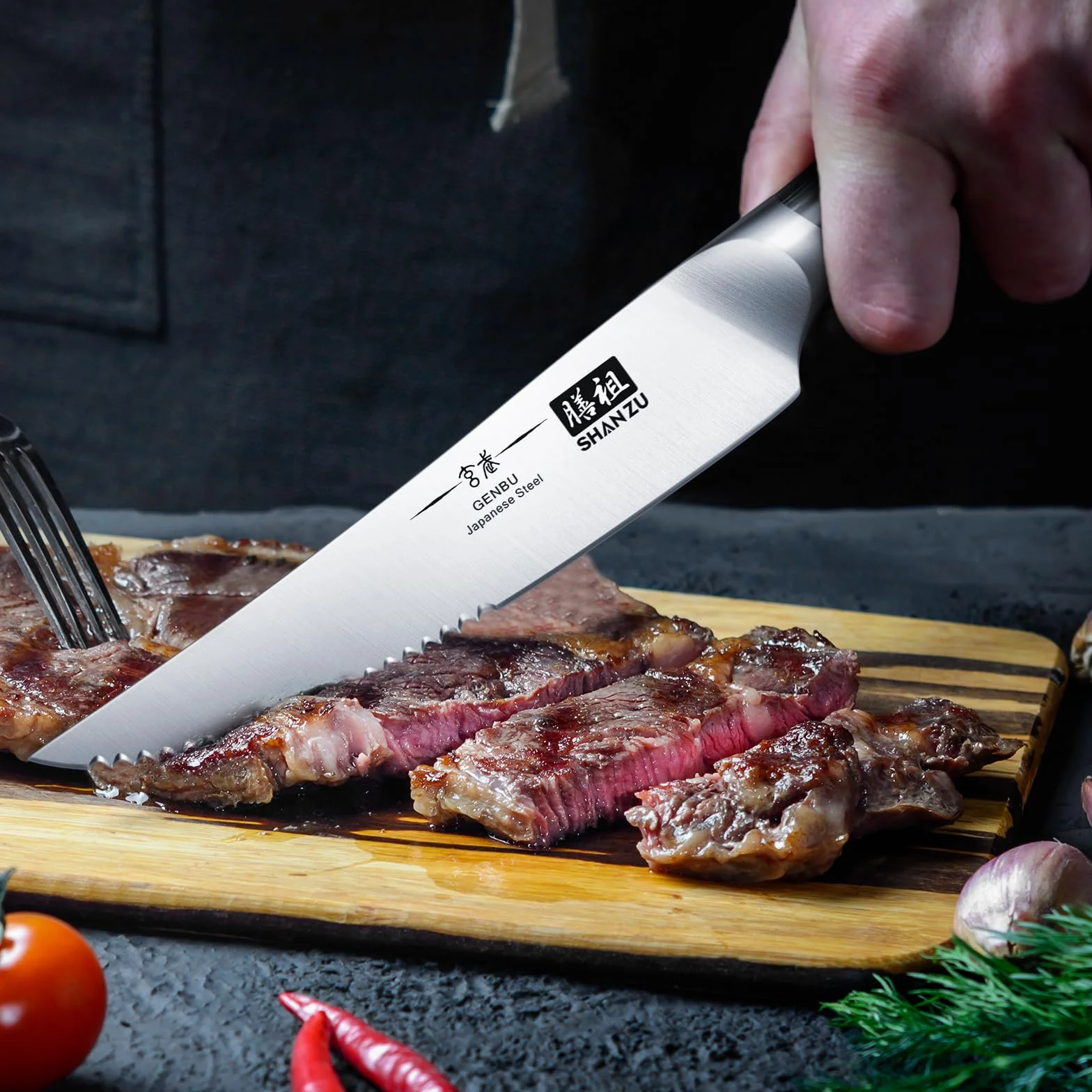 SHAN ZU Couteaux à Steak 6 Pièces, Set de Table, Lame Ultra-Fine Acier Inoxydable, Manche Bois K133 Série Genbu