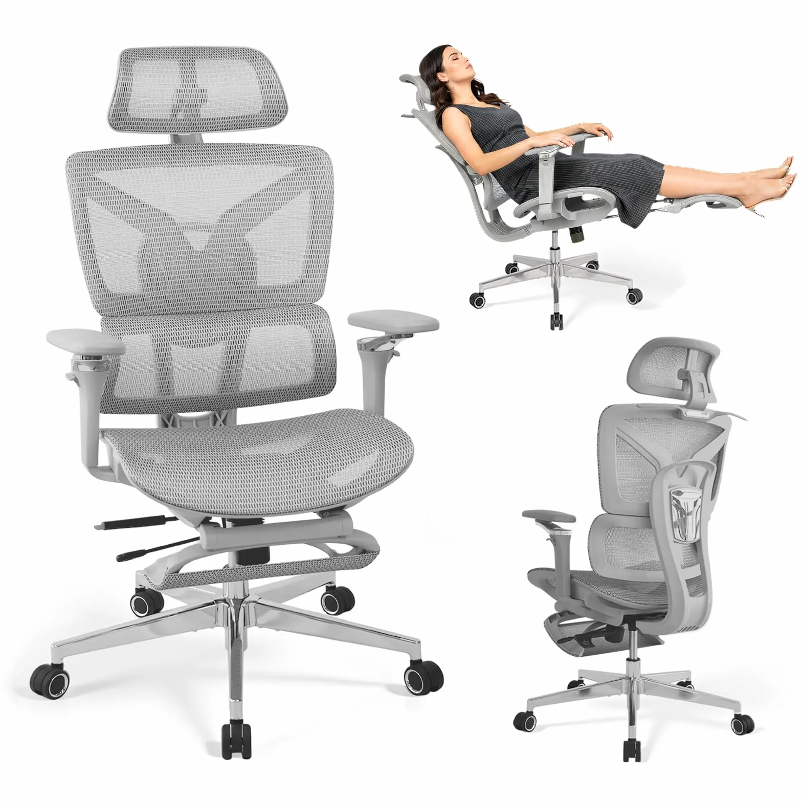 Chaise de Bureau Ergonomique Grand et Haut avec Repose-Pieds, Accoudoirs Réglables 5D, Support Lombaire, Dossier Maille Inclinable, Gris