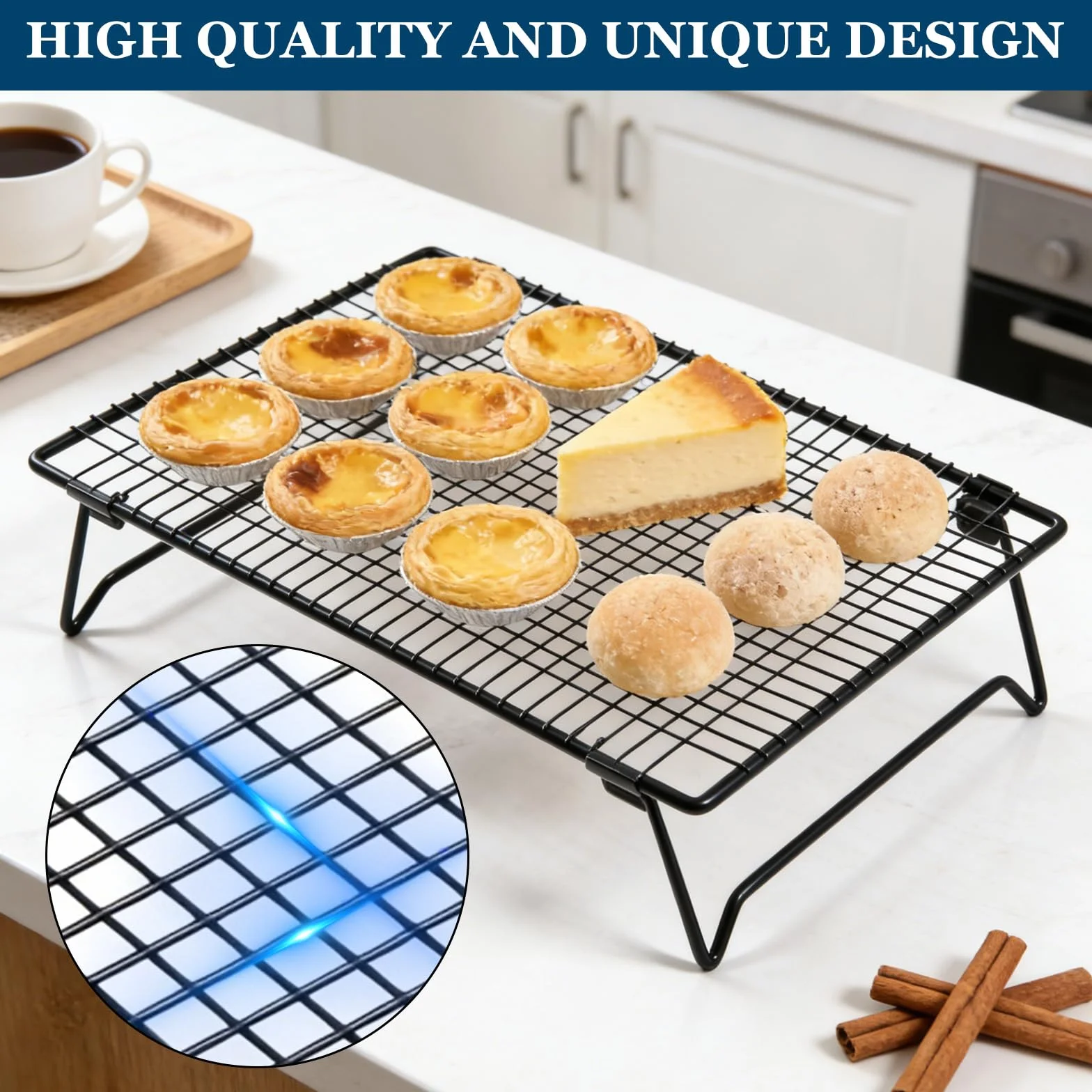 Grille de Refroidissement Patisserie 3 Niveaux Acier Carbone Antiadhésive 43x28x8cm Pliable Empilable