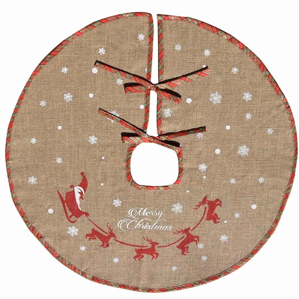 Tapis cache-pied de sapin de Noël Amajoy toile jute flocons neige blancs 30" décoration fête motif écossais rouge vert