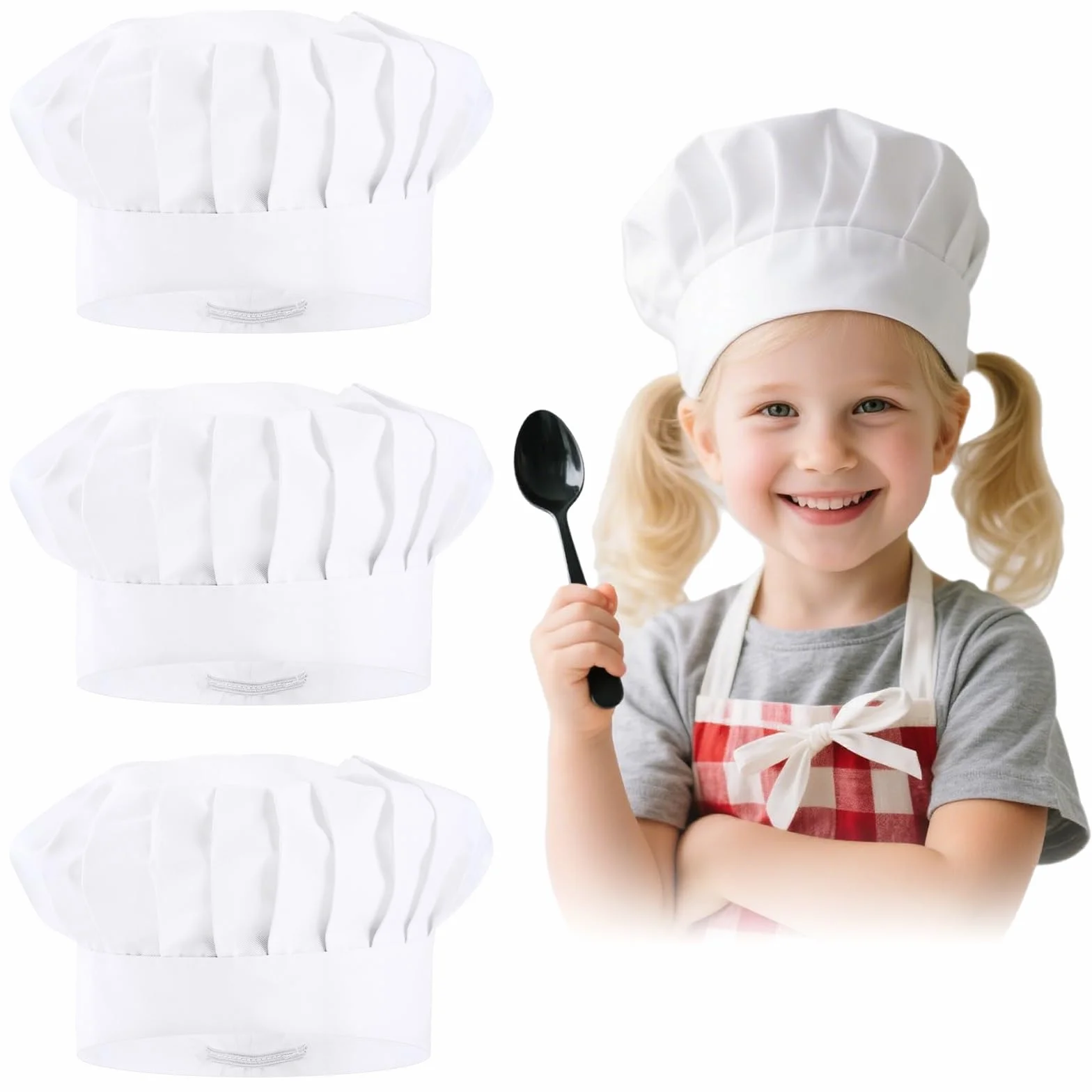 Toques de cuisinier pour enfants, lot de 3, blanches, coton élastique, réglables