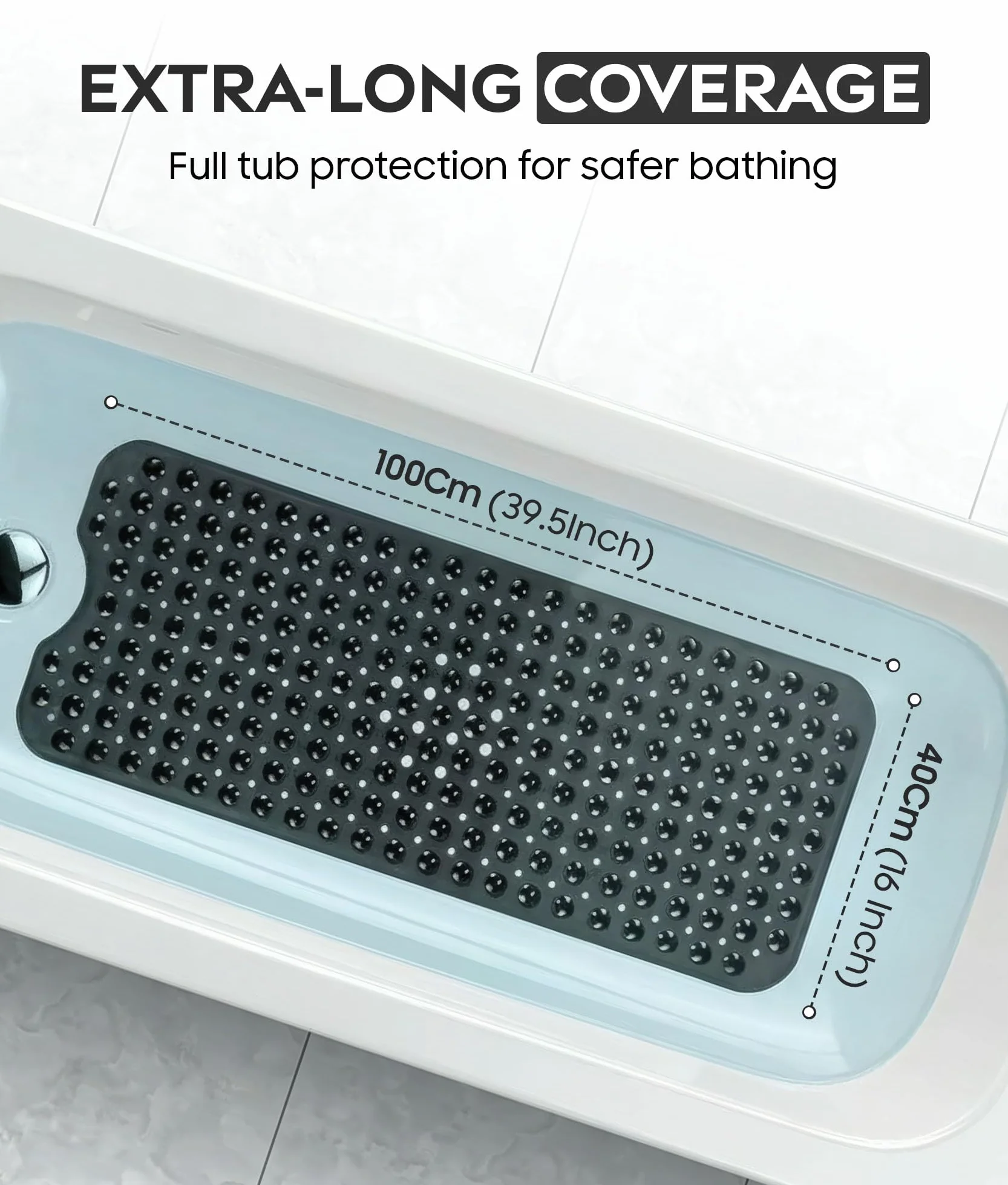ADOV Tapis de Bain antidérapant 100x40 cm Extra Long Anti-moisissure 200 ventouses Trous de Drainage Lavable en Machine