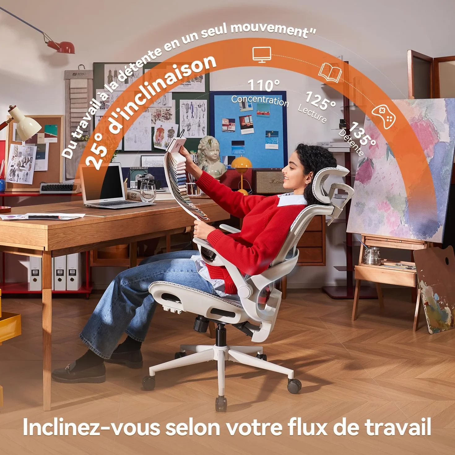 SIHOO B100 Chaise de Bureau Ergonomique Maille Respirante Support Lombaire Inclinaison 90-135° Gris Blanc