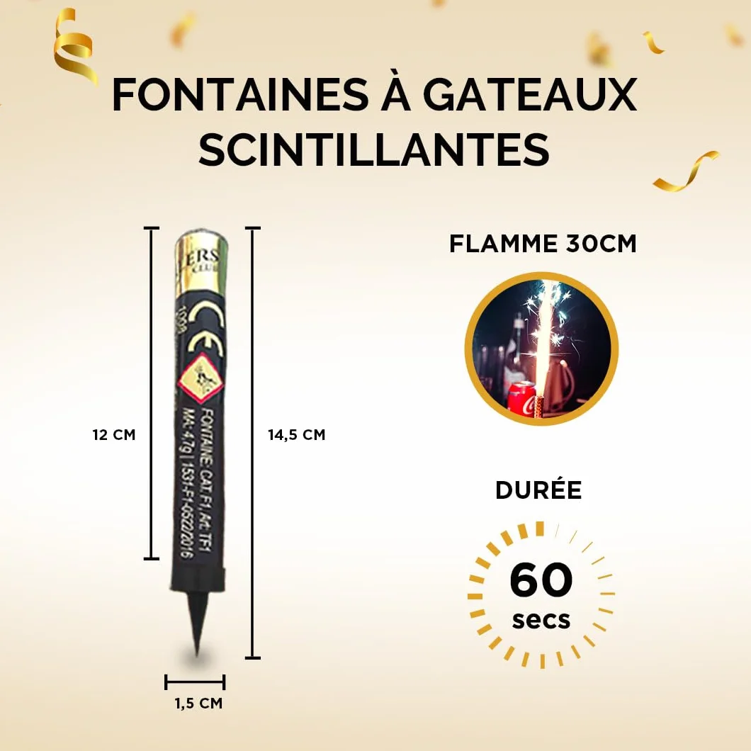 Lot de 100 Fontaines lumineuses 1 minute pour gâteau et bouteille de champagne, Bougie d'ambiance anniversaire décoration