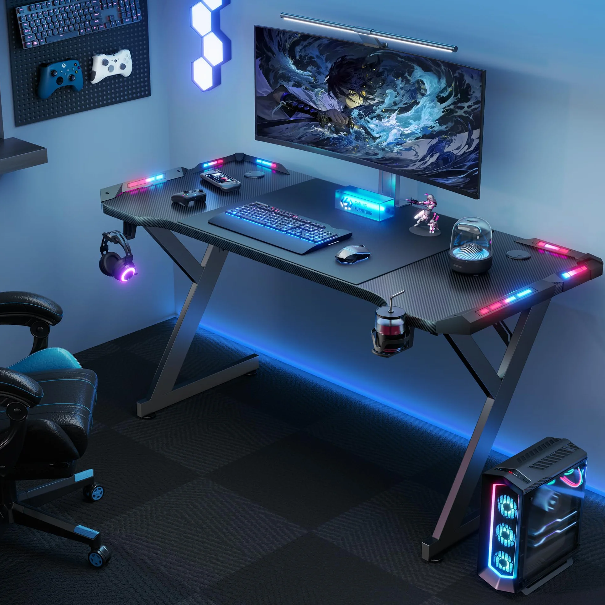 Bureau Gaming LED 120 x 60 cm, Bureau Informatique Ergonomique avec Porte-gobelet et Crochet pour Casque, Plateau en Fibre de Carbone, Table Gaming Noire