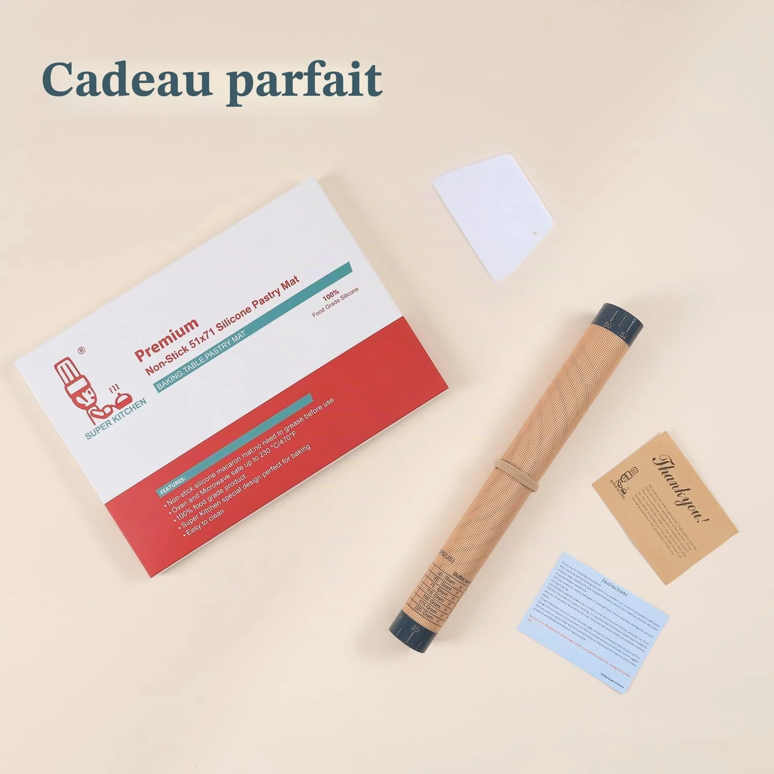 Tapis à Pâtisserie en Silicone Antidérapant 71×51cm avec Grattoir à Pâte Gris