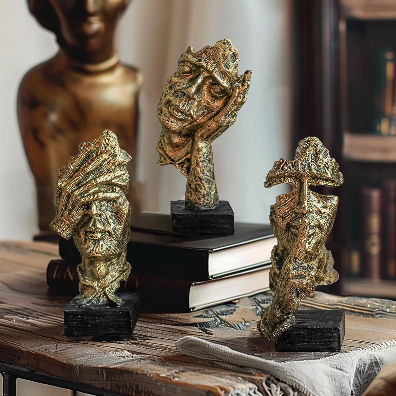 Figurine d'art abstrait moderne, statue de penseur, décoration en résine dorée pour maison et bureau