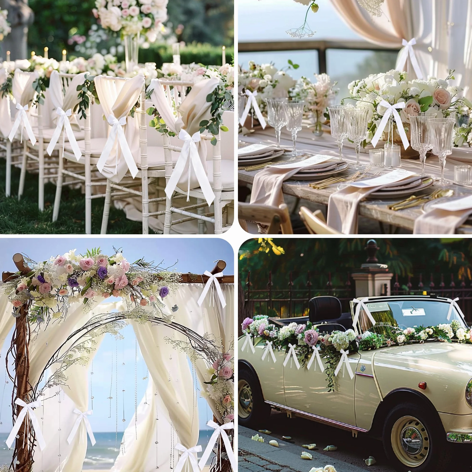 DazSpirit 100 pcs Noeud Voiture Mariage Blanc, Ruban Satin Decoration Mariage pour Deco Voiture, Mariage Champetre, Decoration Voiture Mariage de Chaise, Cadeaux, Wedding Ceremony, Bouquet | Prêt à l'emploi