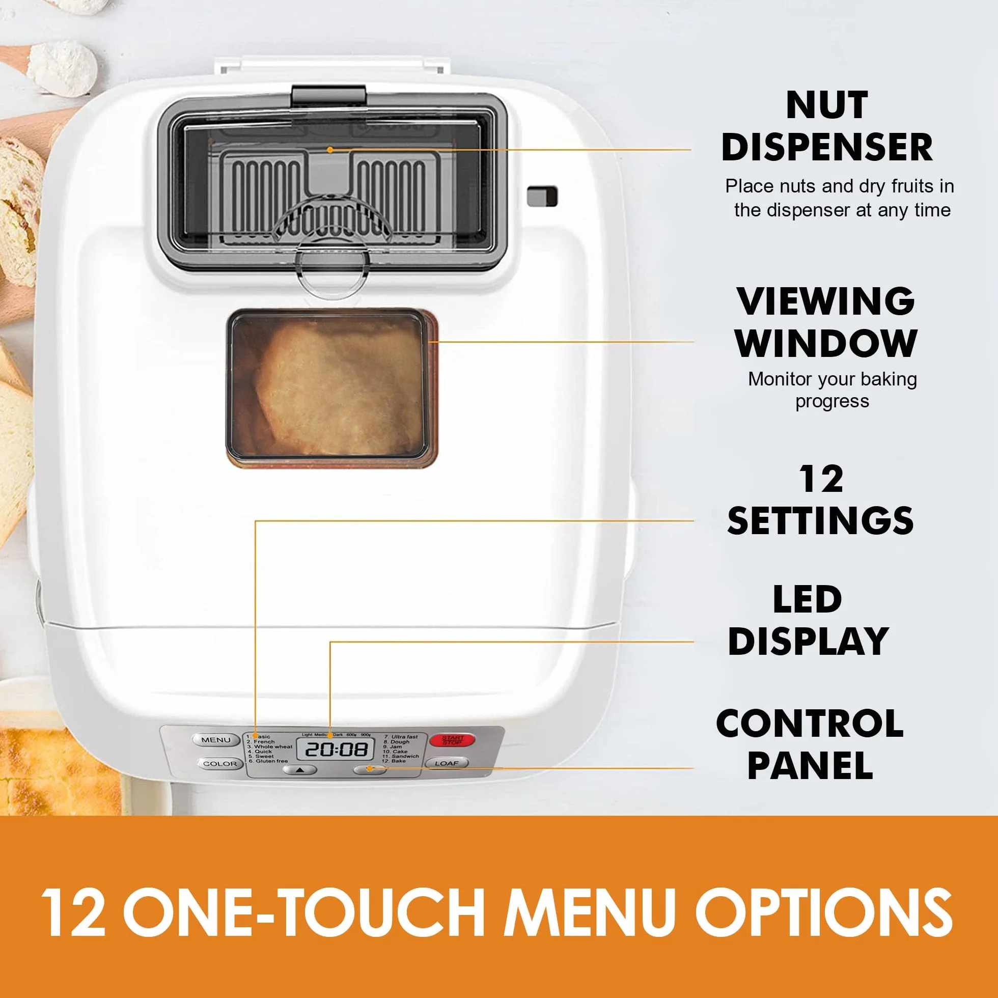Machine à Pain 12 Programmes Automatiques Cuisson 360° Sans Gluten Pâte à Pizza Gâteau Confiture