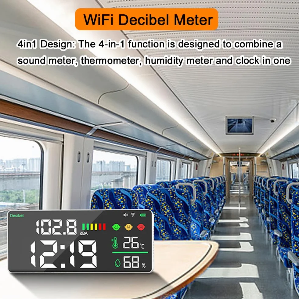 Décibelmètre Sonomètre WiFi 4 en 1, Test de bruit Température Humidité, Réveil, Écran LED 11 pouces