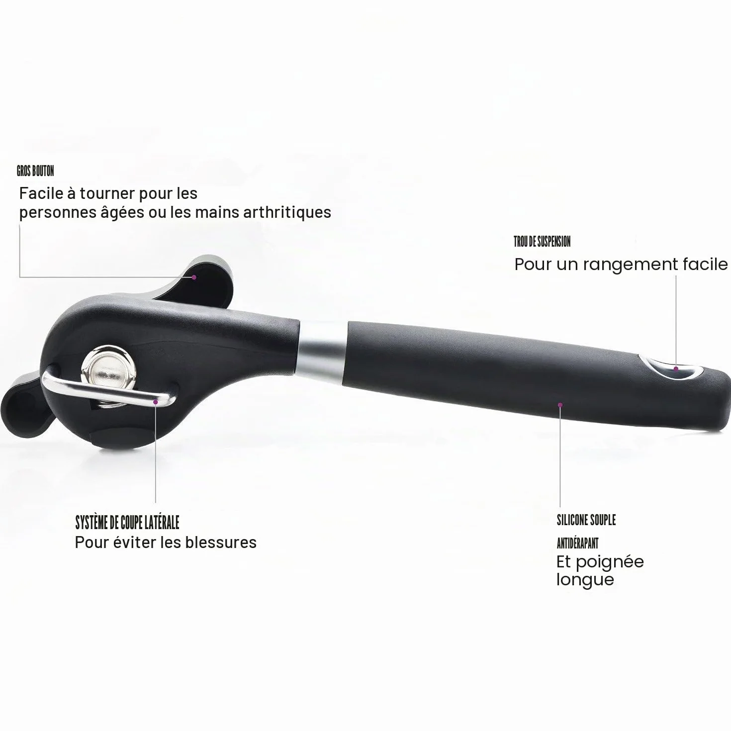 Ouvre-boîte de sécurité, conception ergonomique antidérapante, coupe latérale lisse
