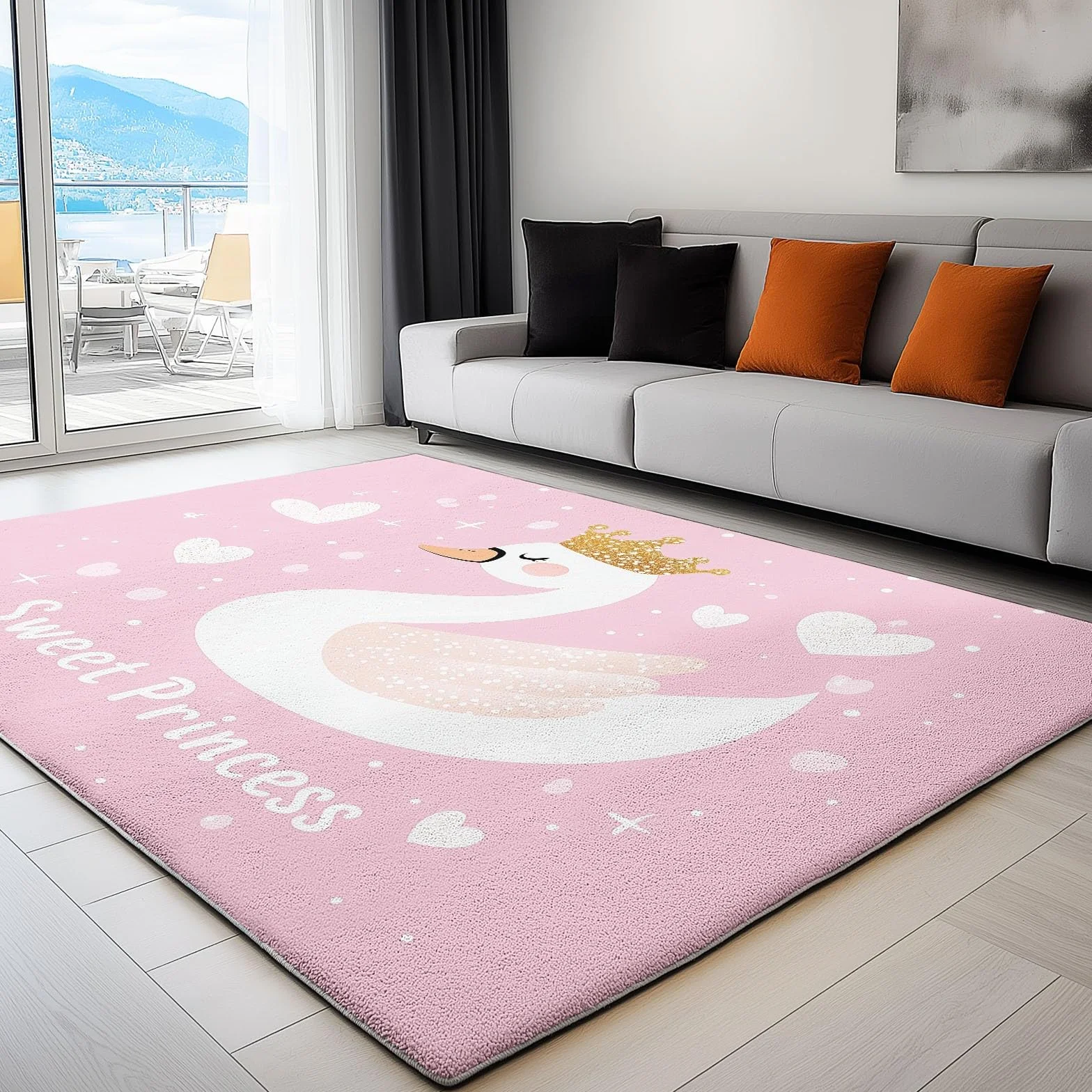 Tapis Salon Poil Court Lavable Antidérapant 60x110 cm Rose Blanc Motif Cygne Princesse