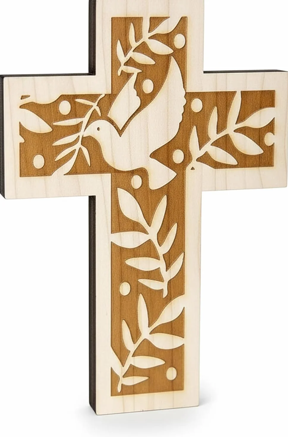 Croix murale en bois d'épicéa 18 cm avec colombe et rameaux d'olivier Kaltner