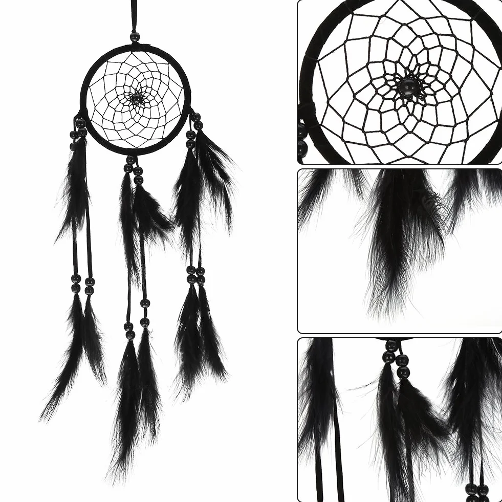 Attrape-Rêves Fait Main Noir avec Perles et Toile, Décoration Murale et Voiture