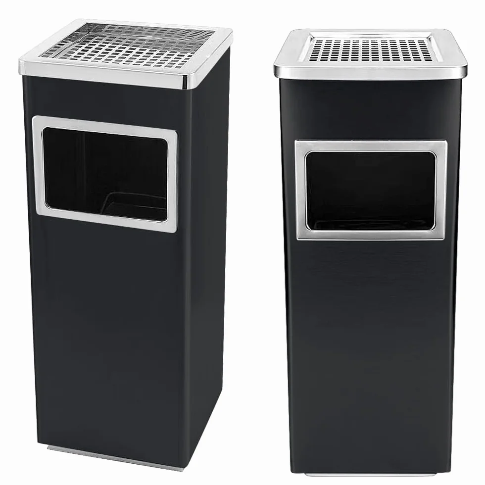 Poubelle en acier inoxydable 35L avec cendrier sur pied, 24x24x60 cm noir