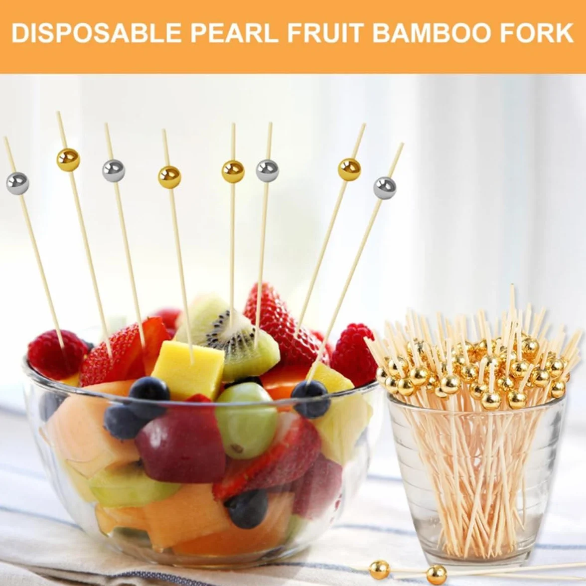 Pic à Cocktail en Bambou 12 cm Perle Dorée – Pics à Cocktail Cure Dents pour Apéritifs, Brochettes, Fêtes, Mariages